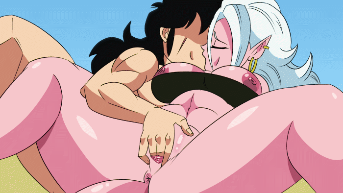 1boy, 1girls, 2010s, android 21, black sclera, breasts, dark persona, dragon ball, dragon ball fighterz, female, funsexydragonball, humanoid, long hair, majin, majin android 21, male, pink skin, pointy ears, red eyes, tail, white hair, yamcha