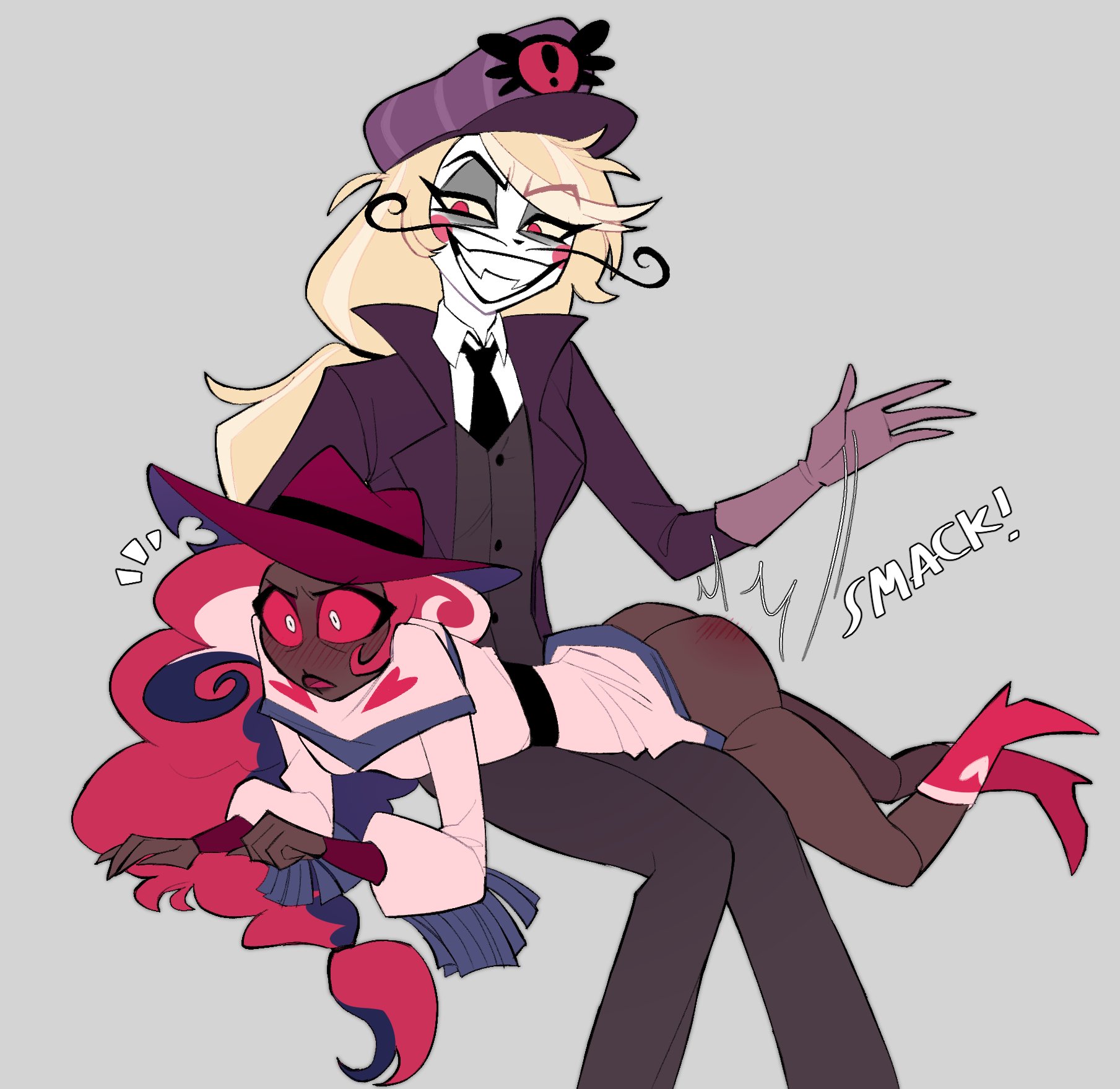 2girls, charlie morningstar (hazbin hotel), crossdressing, danny do-bad, female, female only, first porn of character, gloves, hazbin hotel, lesbian, mustache, over the knee spanking, spanked, spanking, spanking ass, suit, tuxedo, velvette, villain, ygoandcbt, yuri