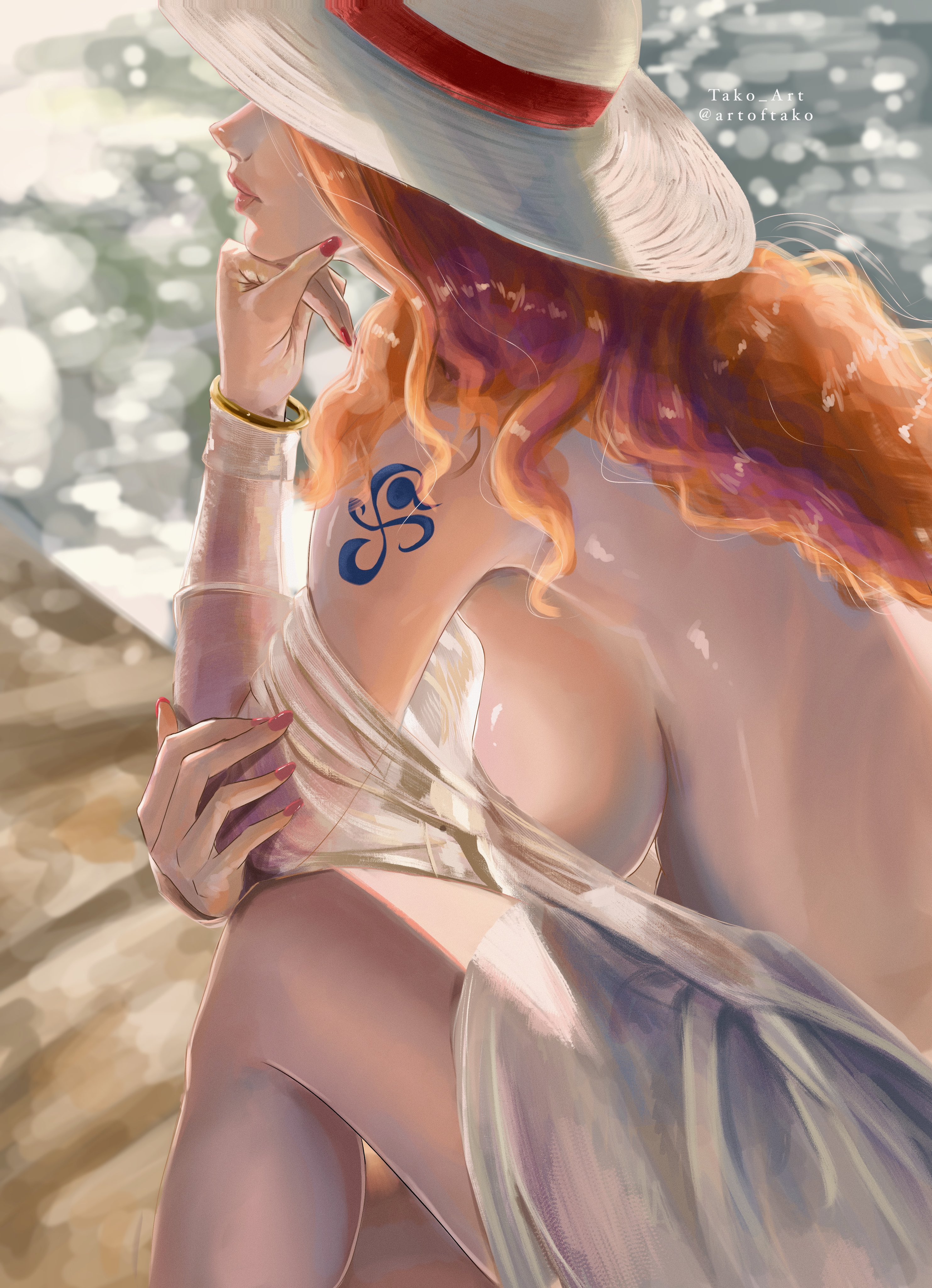 1girls, arm tattoo, artist name, beach, big breasts, blue tattoo, breasts, busty, clothing, female, female only, light skin, light-skinned female, nami (one piece), one piece, orange hair, orange-haired female, red fingernails, red nails, sideboob, solo, straw hat, tako art, tattoo