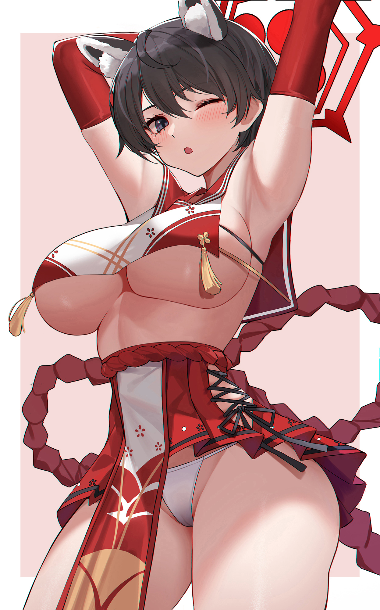 1girls, allied hyakkiyako academy student, animal ears, armpits, big breasts, black hair, blue archive, blush, breasts, eternity (shadeh), female, hands behind head, inner discipline club (blue archive), large breasts, one eye closed, short hair, thong panties, tsubaki (blue archive), underboob, underwear, very short hair, white thong