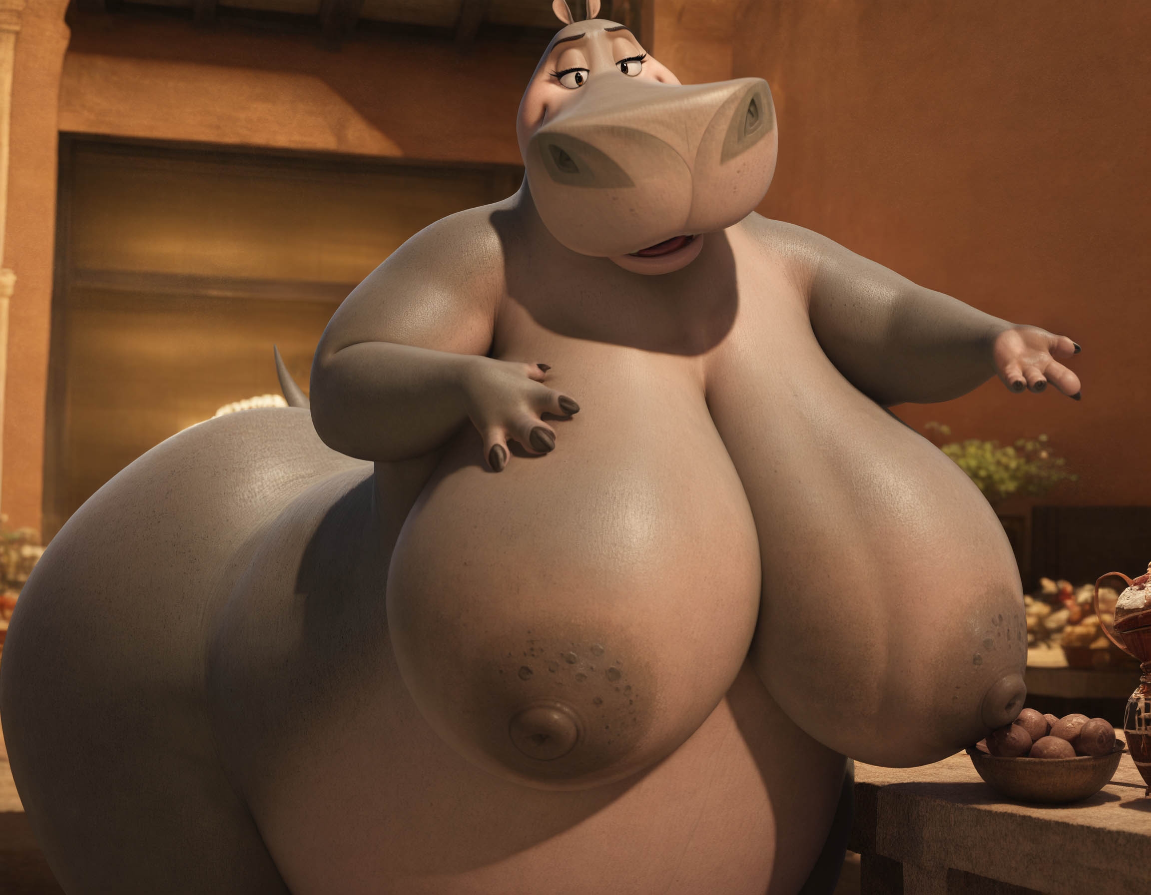 1girls, ai generated, anthro, belly, big breasts, big thighs, breasts, dreamworks, enormous breasts, enormous thighs, fat, fat female, fat thighs, female, female only, gigantic breasts, gigantic thighs, gloria the hippopotamus, grey body, hippopotamid, hippopotamus, huge breasts, huge thighs, large breasts, large thighs, looking at viewer, madagascar (series), mammal, massive breasts, massive thighs, matronai (artist), nipples, obese, obese anthro, obese female, overweight, overweight anthro, overweight female, smile, solo, solo female, solo focus, tail, thick thighs, wide hips