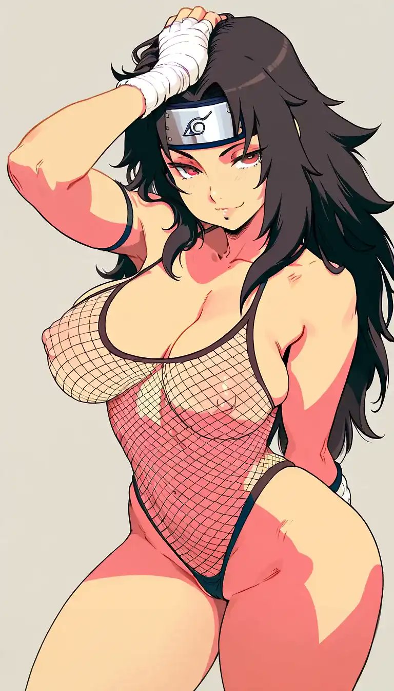 1girls, ai generated, bandaged arm, bandages, big breasts, black hair, breasts, breasts apart, bust, busty, cleavage, curvaceous, curvy, curvy body, curvy female, curvy figure, dark hair, female, female only, fishnets, forehead protector, functionally nude, hand on head, headband, hourglass figure, innie pussy, konohagakure symbol, kurenai yuhi, legs together, leotard, lipstick, long hair, looking at viewer, makeup, mature, mature female, milf, mostly nude, naked, naruto, naruto (classic), naruto (series), naruto shippuden, navel, nipples, pinup, plain background, pussy, red eyes, red lips, red lipstick, roshi's hent (ai), see-through, see-through clothing, simple background, smile, smiling, solo, thin waist, uncensored, upper body, wide hips, yuuhi kurenai