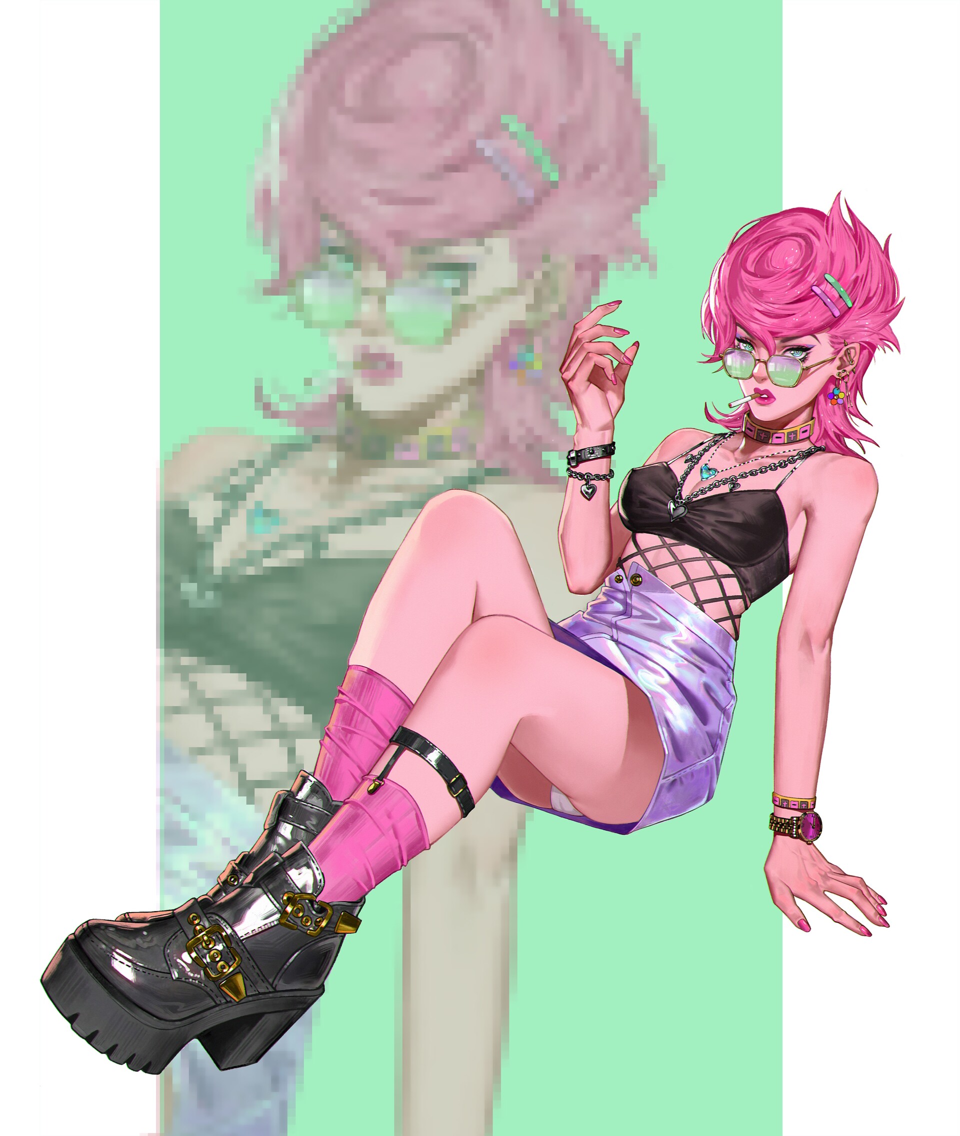 1girls, choker, clothed, female, green eyes, green-tinted eyewear, jewelry, jojo's bizarre adventure, looking over eyewear, looking over glasses, looking over sunglasses, pink hair, pink-tinted eyewear, smoking, solo, solo focus, sunglasses, tinted eyewear, trish una, veela (artist), vento aureo