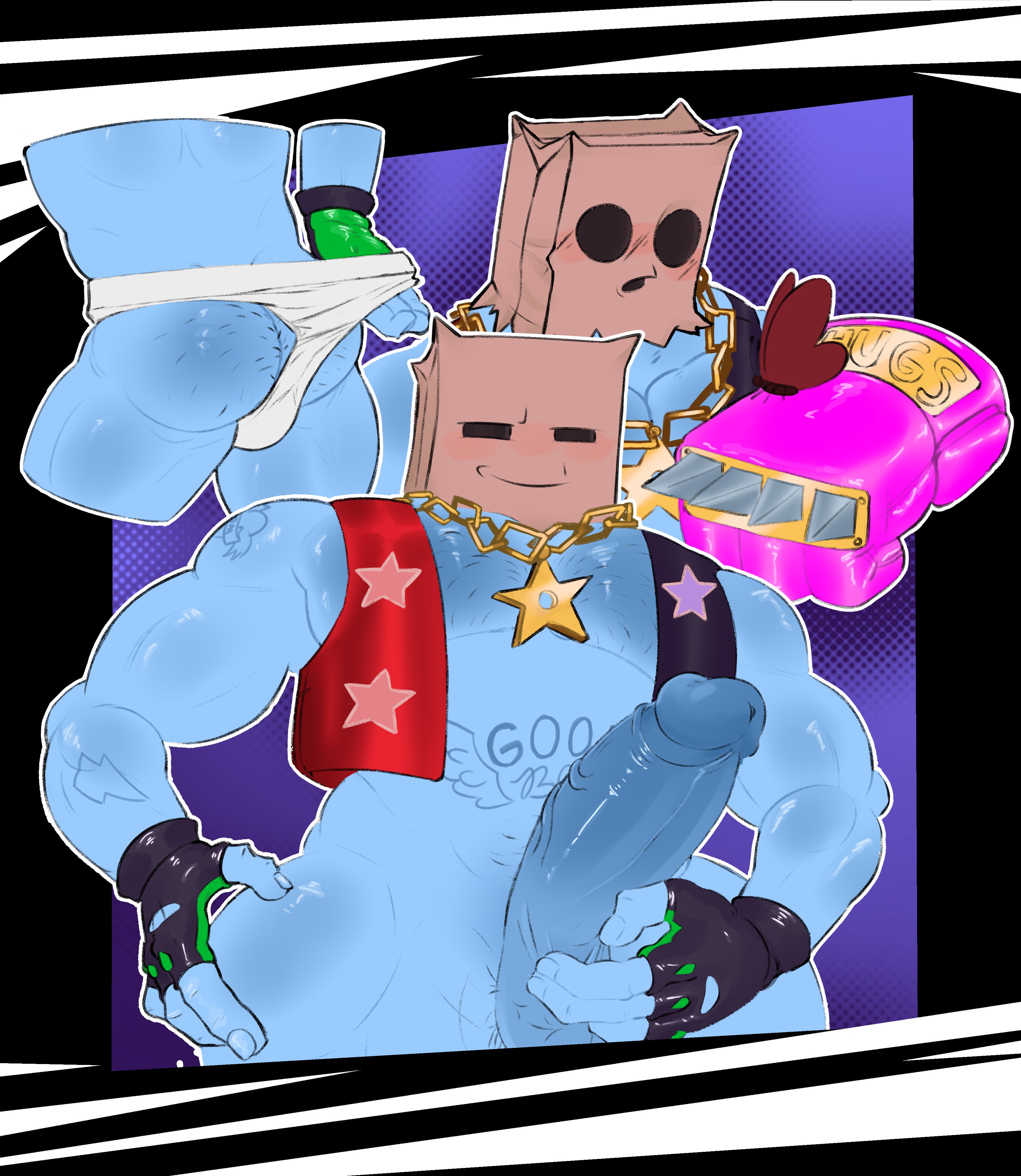 1boy, ass, bag, bag over head, bara, blue body, blush, bulge, butterfly, collar, erection, fingerless gloves, gay, gloves, godstv, hairy ass, half-closed eyes, handwear, hi res, humanoid, insects, kinni (godstv), looking at viewer, male, male focus, male only, melbotstudio, metrix, multicolored clothing, multicolored jacket, muscular, muscular male, partially clothed, penis, penis out, pulling clothing, pulling underwear, simple background, smile, solo, solo male, spiked gloves, star, star (symbol), star collar, tattoo, tattoo on belly, text, thick thighs, uncensored, underwear, underwear pull, video games, white underwear, writing on body, yaoi
