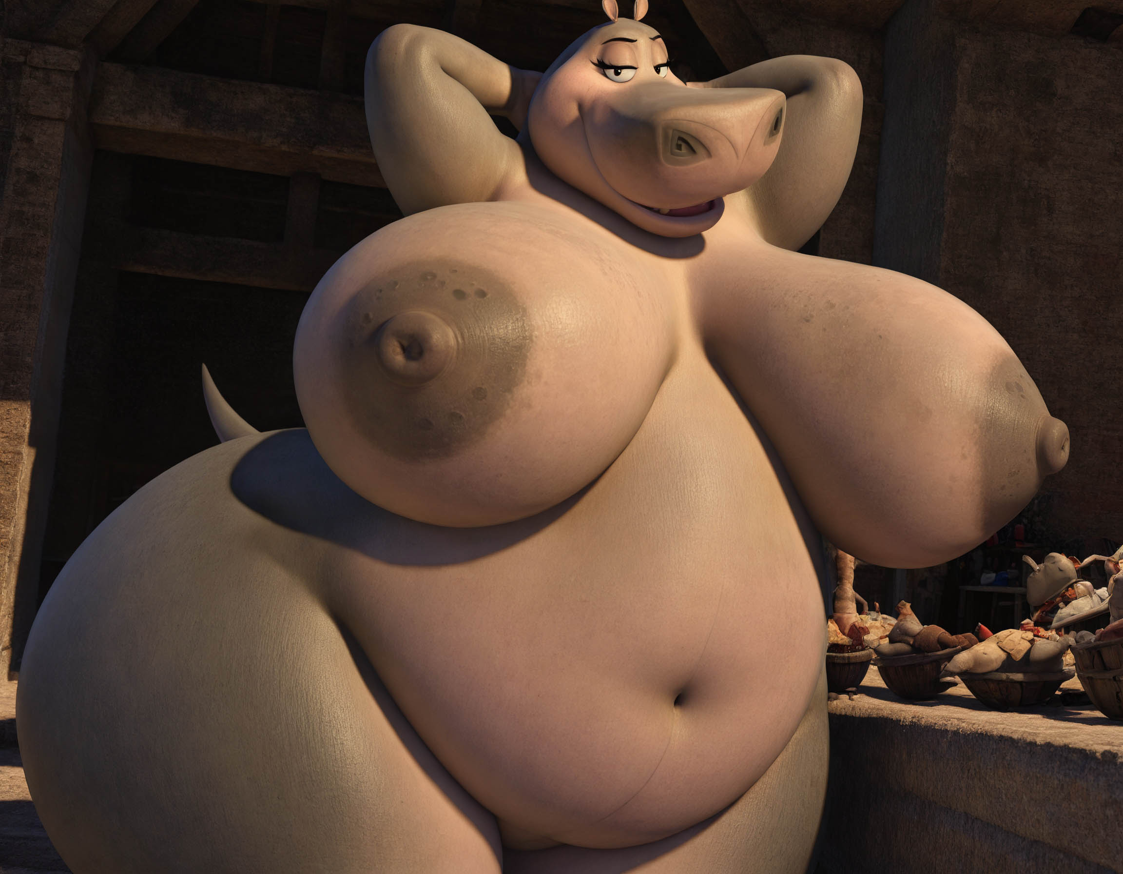 1girls, ai generated, anthro, arms behind head, belly, big breasts, big thighs, breasts, dreamworks, enormous breasts, enormous thighs, fat, fat female, fat thighs, female, female only, gigantic breasts, gigantic thighs, gloria the hippopotamus, grey body, hippopotamid, hippopotamus, huge breasts, huge thighs, large breasts, large thighs, looking at viewer, madagascar (series), mammal, massive breasts, massive thighs, matronai (artist), navel, nipples, obese, obese anthro, obese female, overweight, overweight anthro, overweight female, smile, solo, solo female, solo focus, tail, thick thighs, wide hips