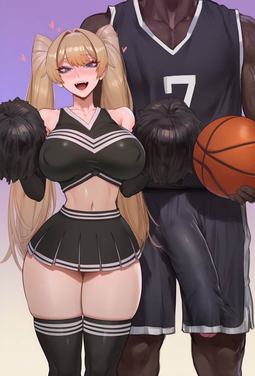 1boy, 1boy1girl, 1girls, ai generated, aipotions, basketball (ball), basketball jersey, basketball shorts, basketball uniform, big penis, blonde hair, cheerleader, cheerleader costume, cheerleader outfit, cheerleader uniform, cheerleading uniform, dark skin, dark-skinned male, dark-skinned male/light-skinned female, female, interracial, interracial couple, large breasts, light skin, light-skinned female, looking at viewer, male, penis through leghole, penis visible through clothing, penis visible through pants, pom pom (cheerleading), pom poms, twintails