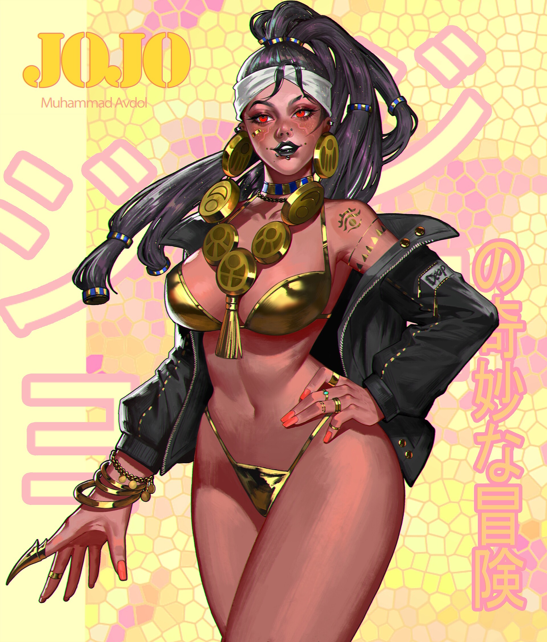 1girls, black hair, breasts, brown skin, curvy, dark skin, dark-skinned female, female, gold jewelry, human, jewelry, jojo's bizarre adventure, large breasts, mohammed avdol, piercing, piercings, red eyes, rule 63, shounen jump, solo, solo focus, stardust crusaders, veela (artist), wide hips