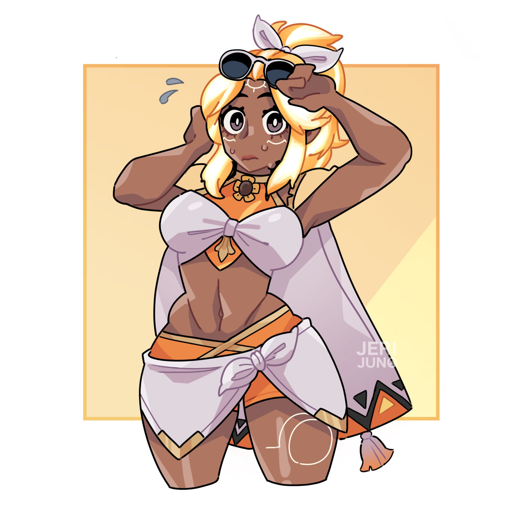 1girls, blush, female, female only, illari (overwatch), illari quispe ruiz, latina, looking at viewer, looking surprised, nekitoototo, overwatch, overwatch 2, peruvian female, poolside illari, pov, simple background, sole female, solo, solo focus, summer games series