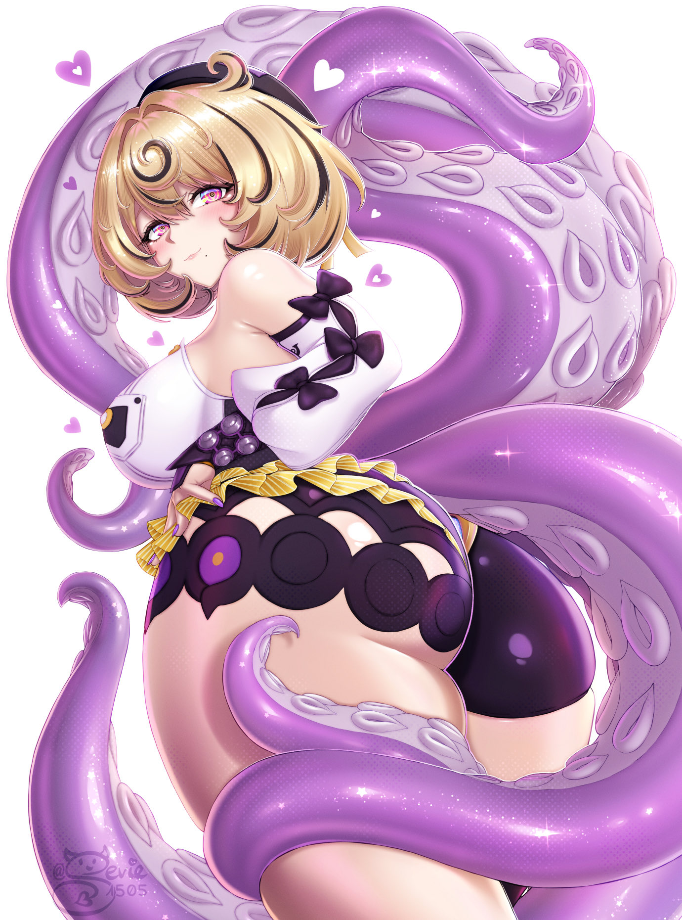 ass, asymmetrical shorts, bare shoulders, beret, black hat, black shorts, blonde hair, blush, breasts, closed mouth, commentary, cowlick, detached sleeves, english commentary, female, female only, from behind, hair between eyes, hair intakes, hat, heart, high-waist shorts, highres, large breasts, looking at viewer, looking back, mole, mole under mouth, purple eyes, sevie, shirt, short hair, shorts, simple background, smile, solo, suction cups, tentacle, tentacle girl, tentacle tail, white background, white shirt, yidhari murphy, zenless zone zero