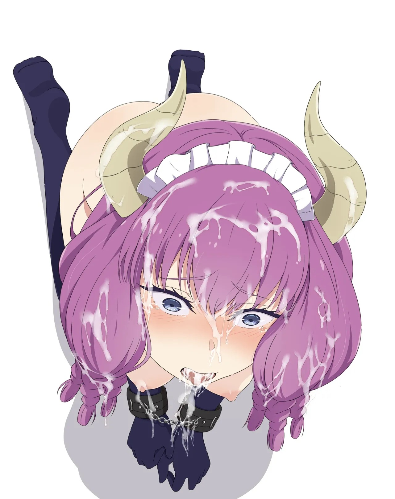 1girls, aura (sousou no frieren), big breasts, blush, bondage, breasts, chained wrists, cum, cum in mouth, cum on face, cum on hair, cum on horn, cumshot, demon, demon girl, demon horns, dripping cum, female, female focus, female only, frieren beyond journey's end, gloves, horns, na-suke, purple hair, shocked, shocked expression, shocked eyes, shocked female, socks, solo, solo female, solo focus, sousou no frieren, tears, tied hands, tongue, tongue out