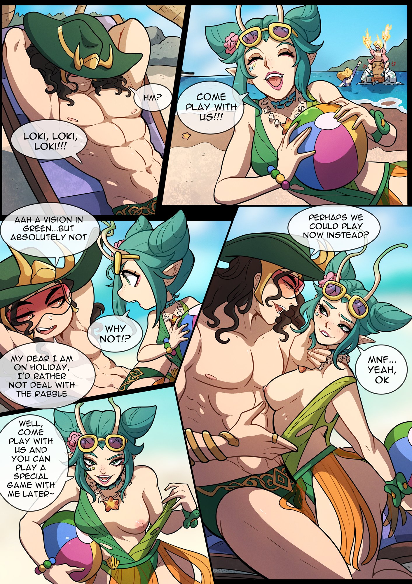 1boy, 1girls, beach, female, flashing breasts, kinkymation, light skin, light-skinned female, light-skinned male, loki (marvel rivals), loki (marvel), loki (robe of relaxation), male, male swimwear, mantis (marvel rivals), mantis (marvel), mantis (oceanic harmony), marvel, marvel rivals, speedo, swim briefs, swimsuit, the thing (marvel)