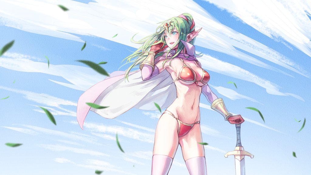 1girls :d alternate_eye_color armor bikini bikini_armor blue_eyes blue_sky blush breasts cape cleavage cloud commentary_request day female fire_emblem fire_emblem_awakening gloves green_hair hair_ornament hair_ribbon large_breasts leaves_in_wind long_hair nintendo open_mouth outdoors pink_cape pointy_ears ponytail red_bikini red_gloves red_ribbon ribbon sky smile solo solo_female swimsuit sword t_misaomaru tiki_(adult)_(fire_emblem) tiki_(fire_emblem) weapon