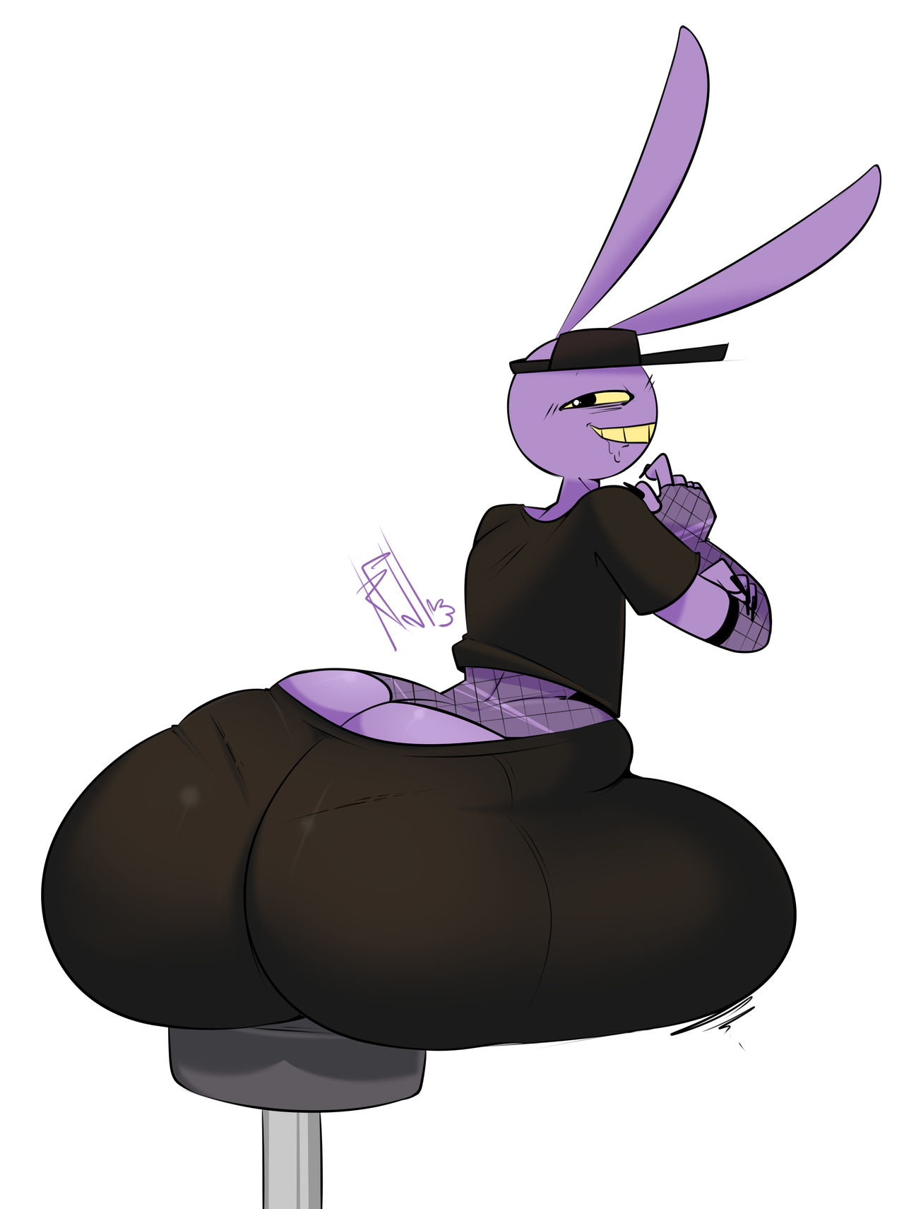 1boy, anthro, ass, big ass, big ass (male), big butt, cap, femboy, fishnet armwear, fishnet clothing, fishnet shirt, fishnets, glitch productions, grinning, huge ass, huge butt, jax (tadc), jax (the amazing digital circus), looking at viewer, male, male only, pantylines, purple body, purple skin, rabbit, refidl, tadc, the amazing digital circus, work uniform