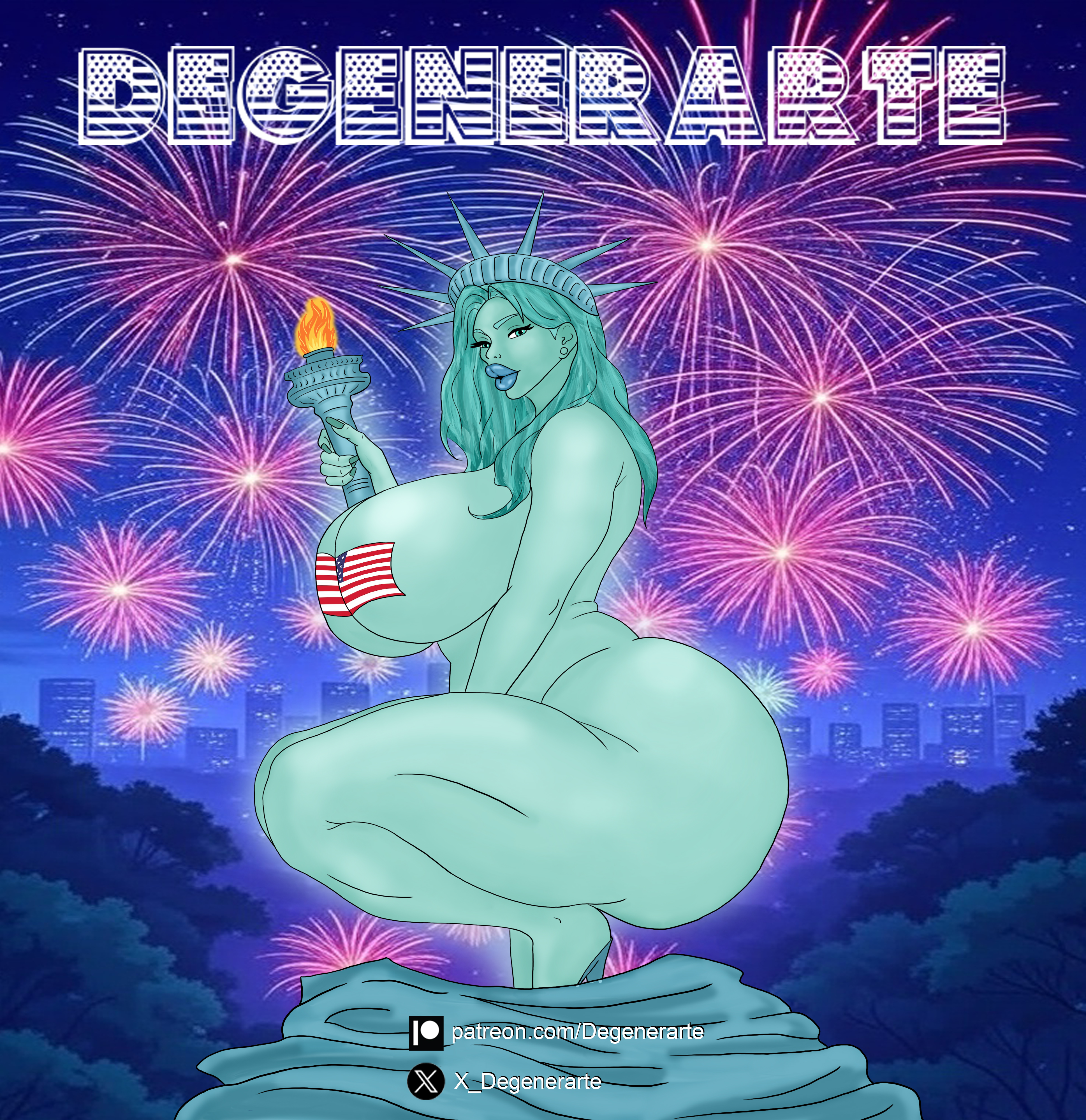 1girls, 4th of july, bimbo, bimbo lips, commission, curvy, degenerarte, english text, female, new york, night, photoshop, shitpost, solo female, solo focus, statue, statue of liberty, text, united states of america, voluptuous, wide hips
