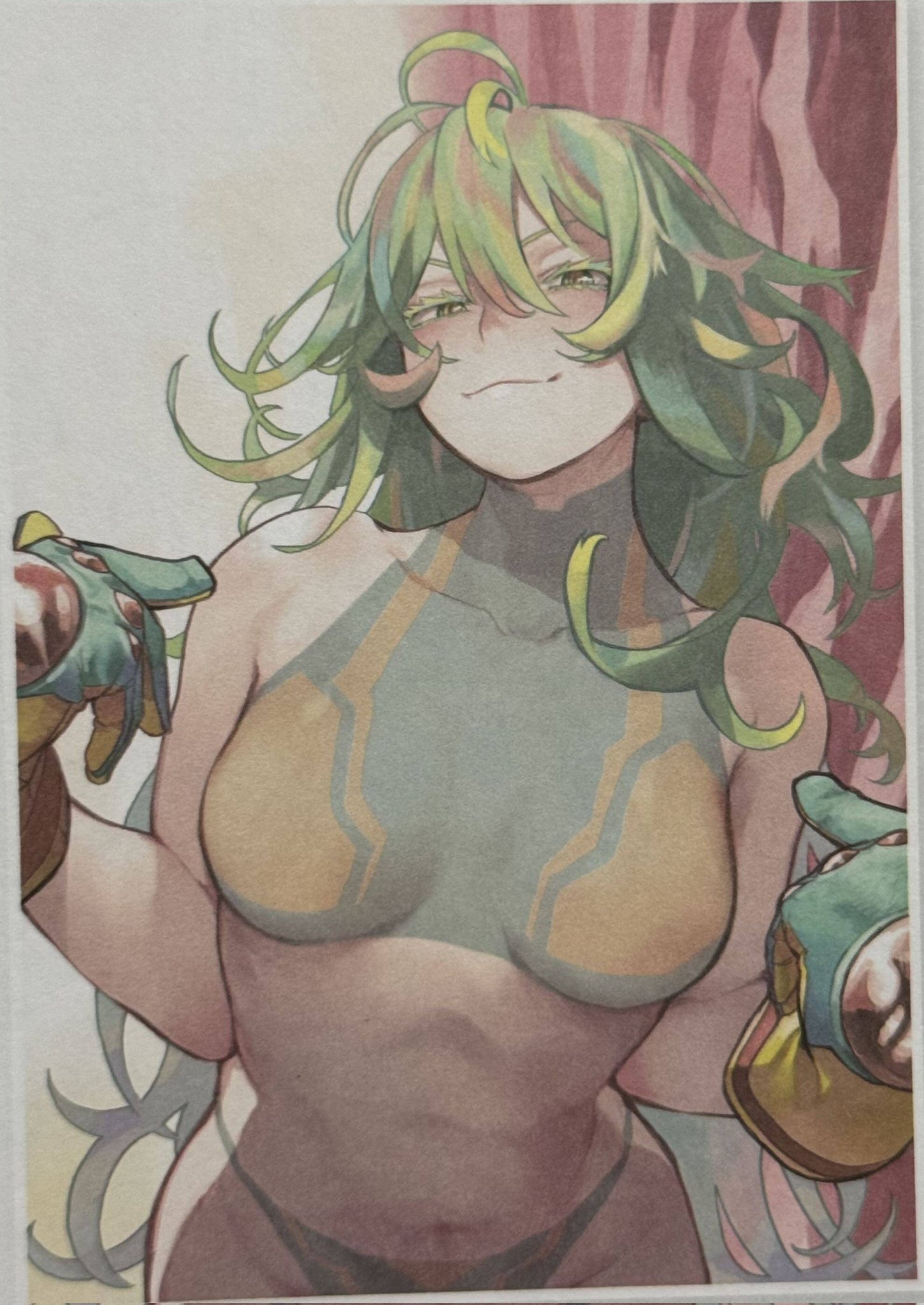 :3, 1girls, bare shoulders, blush, body paint, bodypaint, boku no hero academia, breasts, deku's photo of hagakure toru, female, female focus, female only, functionally nude, functionally nude female, gloves, green hair, green-haired female, highres, horikoshi kouhei, long hair, looking at viewer, medium breasts, messy hair, my hero academia, my hero academia (finale), naughty face, navel, nude, nude female, official alternate costume, paint on body, photo (medium), pointing, pointing at self, polaroid photo, post-timeskip, smile, solo, stomach, teenage female, teenage girl, teenager, third-party source, tooru hagakure, tooru hagakure (post-timeskip), tooru hagakure (visible), very long hair
