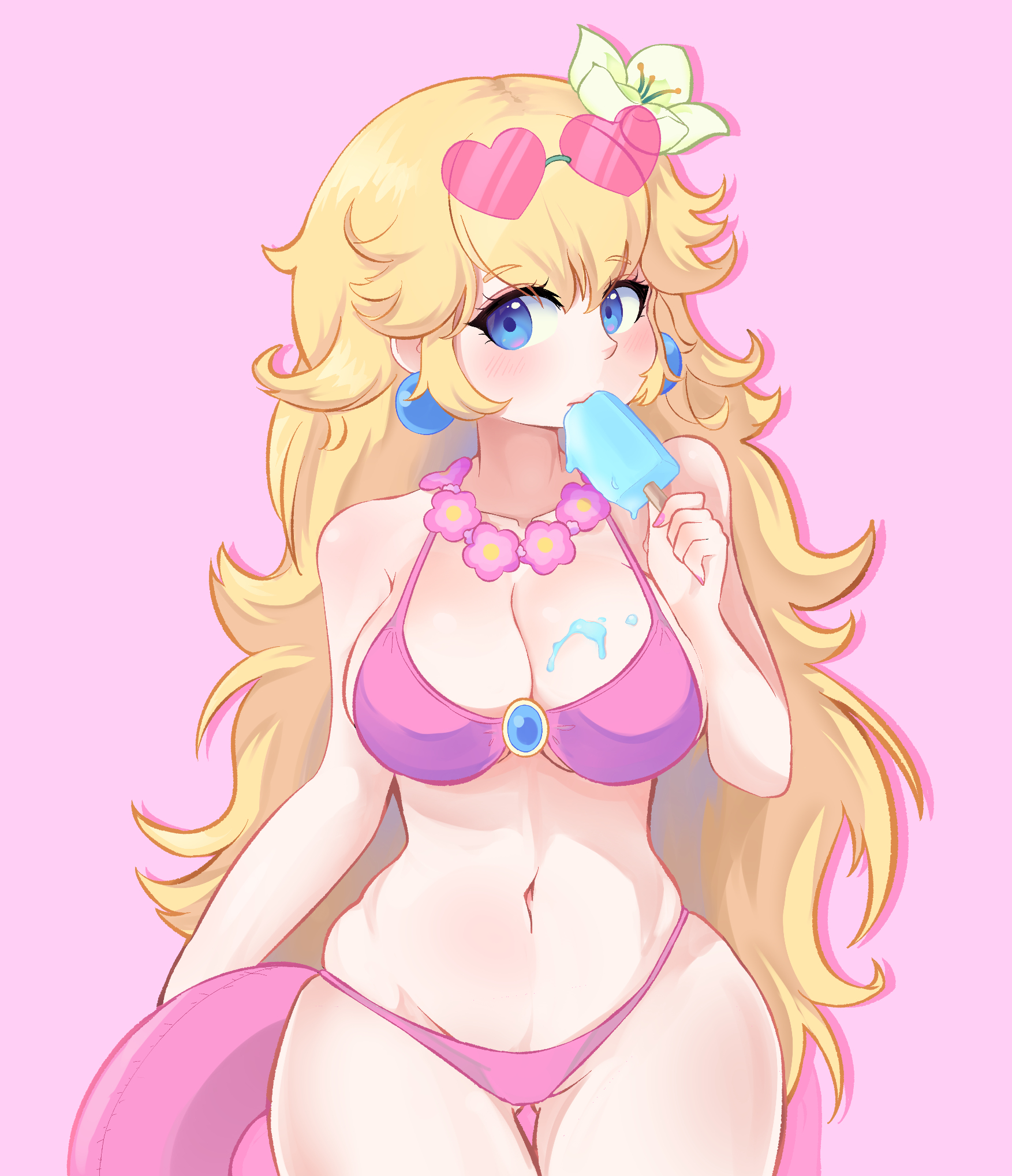 1girls, 2024, ass visible through thighs, big breasts, bikini, blonde hair, blue eyes, blush, breasts, busty, child bearing hips, cleavage, ducktracio, earrings, female, female only, flower, flower in hair, innertube, large breasts, long hair, mario (series), melting popsicle, nintendo, pink background, pink bikini, popsicle, princess peach, princess peach (swimwear), smile, sunglasses, sunglasses on head, super mario odyssey, thighs, thong bikini, voluptuous