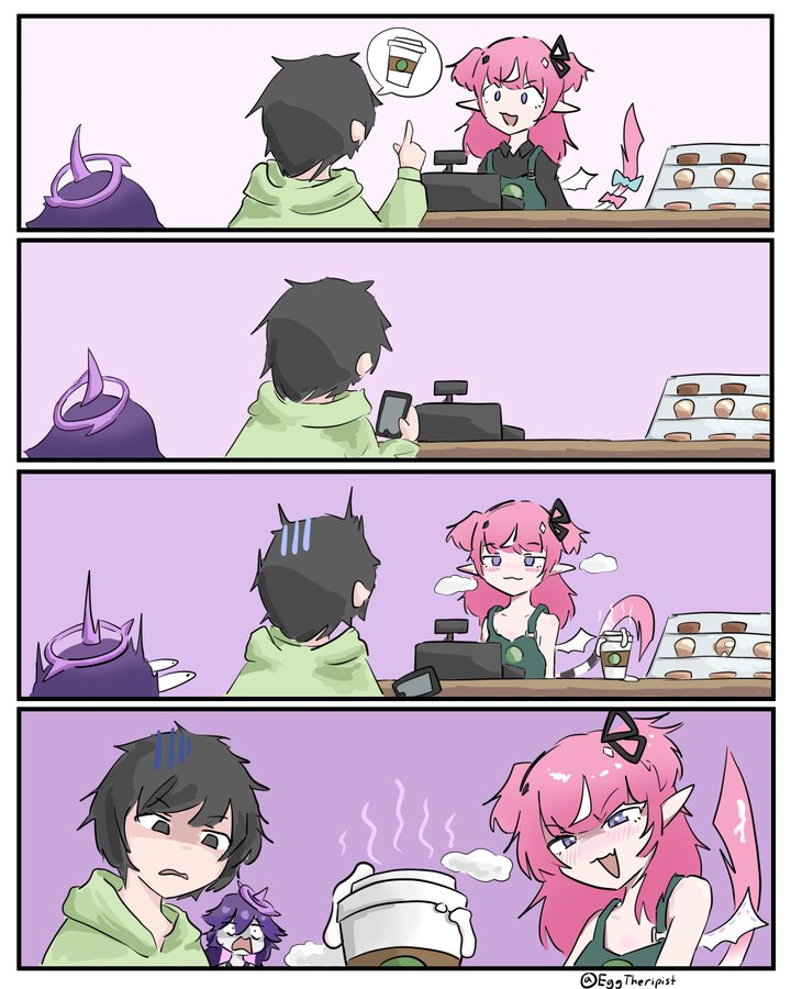 1boy, 2d, 2girls, bare arms, bare shoulders, bare skin, black eyes, black hair, blush, blushing, breast milk, breasts, camila (vtuber), cash register, coffee, collarbone, demon, demon girl, drink, eggtherapist, female, fox ears, green hoodie, hair ornament, halo, indie virtual youtuber, indie vtuber, long hair, male, megalodon (vtuber), meme, milk, naked apron, pale skin, phone, pigtails, pink hair, purple eyes, purple hair, pussy, shark girl, shark tail, sharp ears, short hair, starbucks, suspicious, suspicious looking liquid, tagme, turtle boy, twintails, twitch, vedal ai, vedal987, virtual youtuber, vtuber