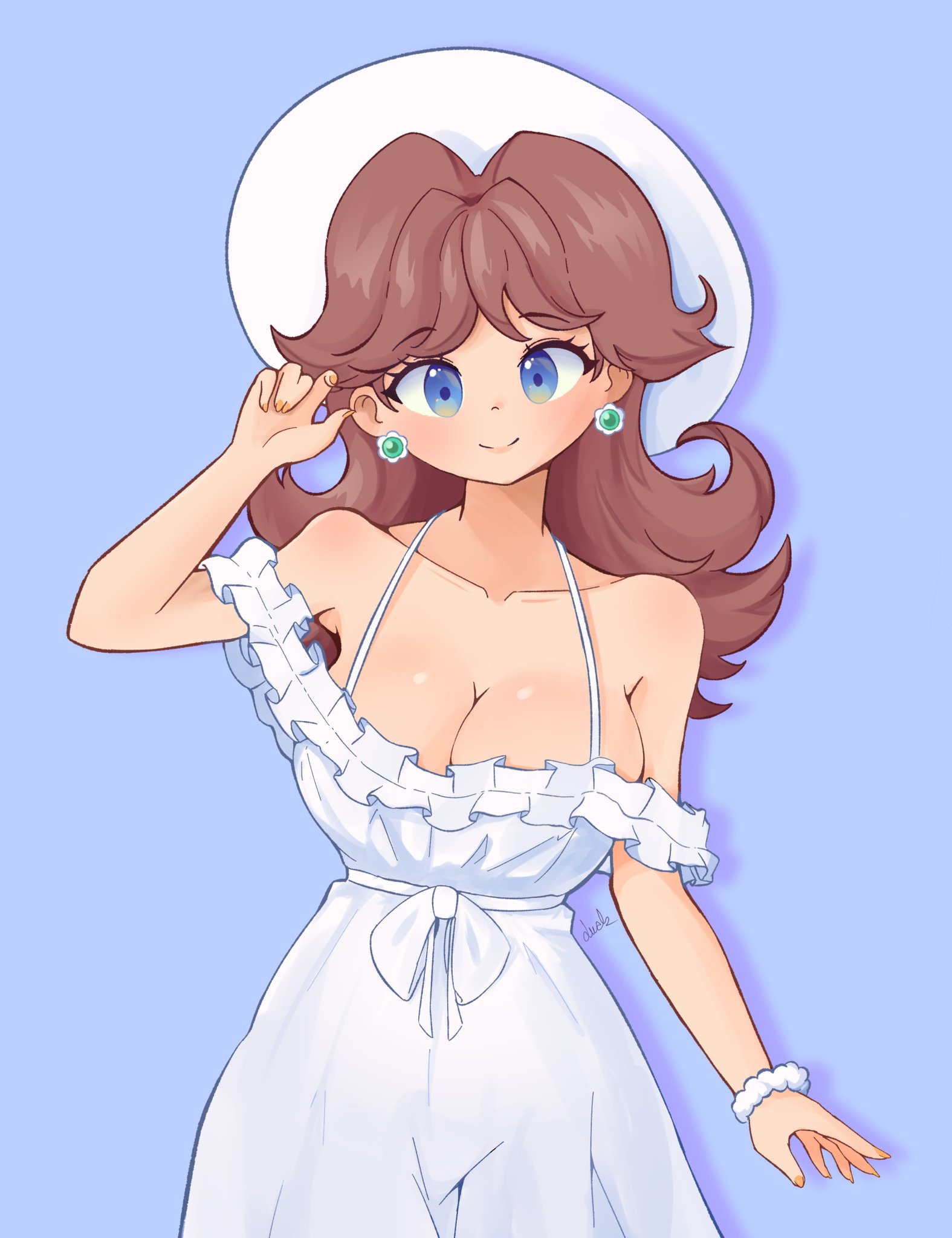 ass, big ass, big breasts, big butt, big thighs, big titties, blue eyes, breasts, brown hair, clothing, curvaceous, curvaceous female, curvaceous figure, curvy, curvy figure, curvy hips, dress, ducktracio, earrings, female, female focus, female only, flower earrings, hat, long hair, mario (series), nintendo, princess daisy, super mario bros.