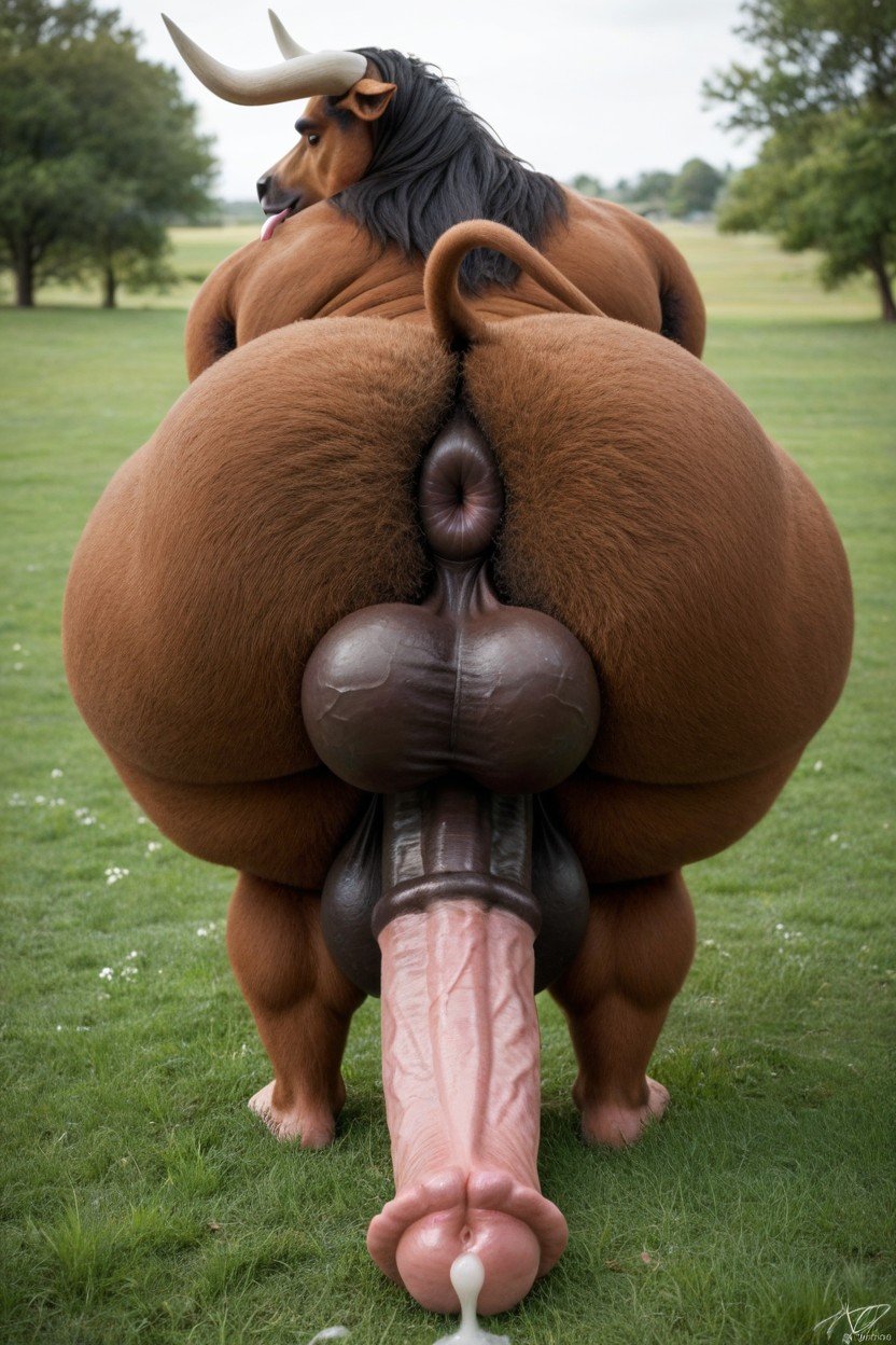 ai_generated balls equine_penis furry furrypornaddiction horsecock huge_butt male minotaur penis presenting puffy_anus realism realistic rear_view tail_up tongue_out