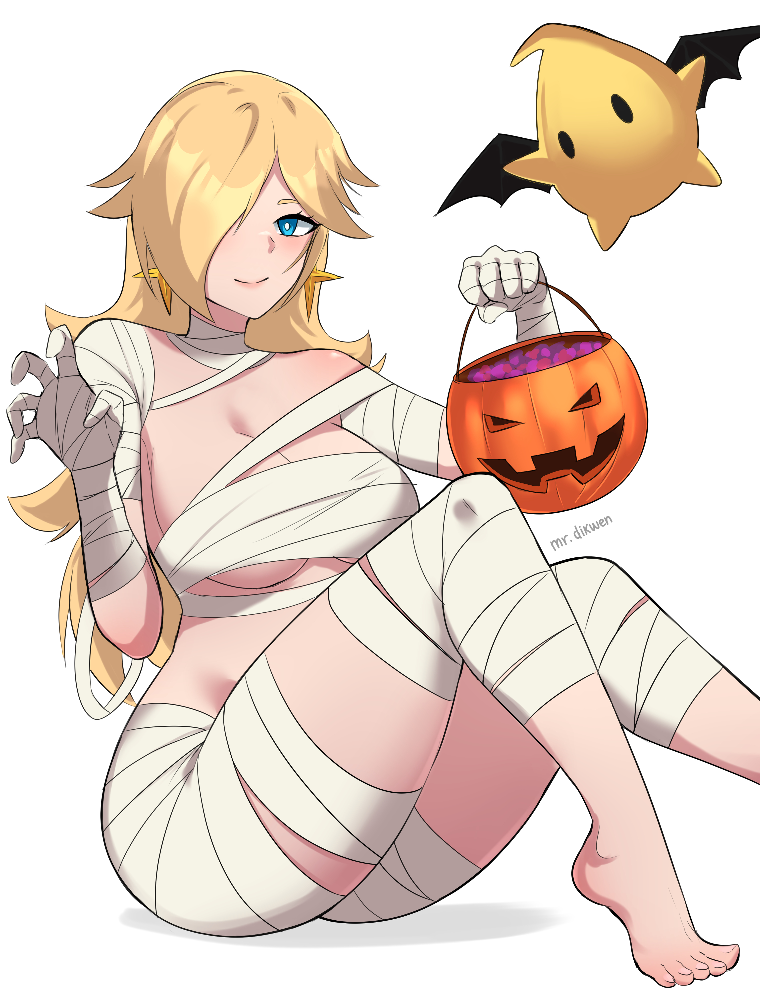 1girls, blonde hair, blue eyes, breasts, female, female focus, female only, halloween, halloween costume, luma, mario (series), mrdikwen, mummy, mummy costume, mummy wrappings, nintendo, princess, princess rosalina, pumpkin, super mario galaxy, thighs, watermark