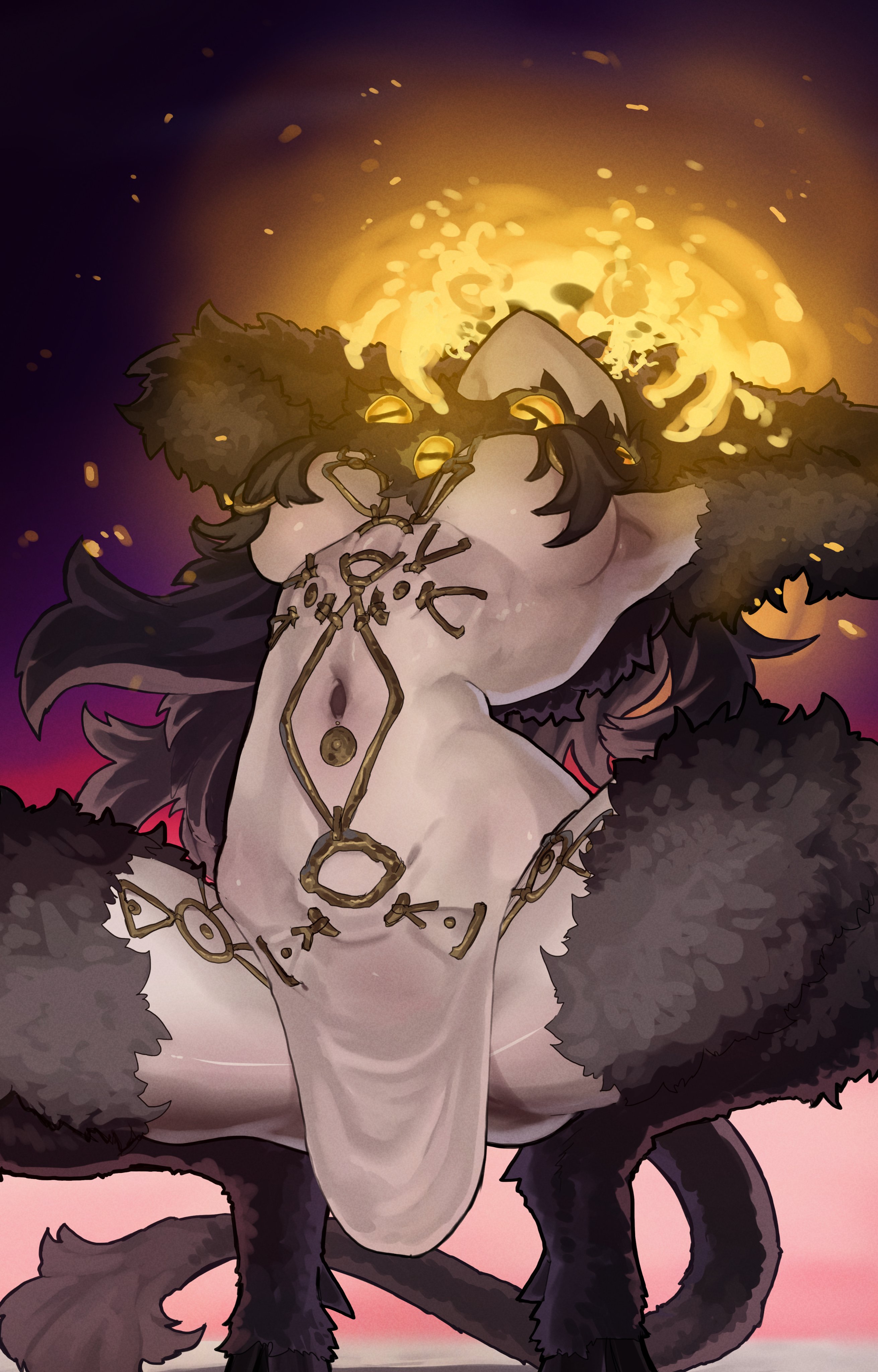 1girls, armpit, belly, belly button, breasts, corruption, ekrea jan, elden ring, elden ring nightreign, female, female only, fire, frenzied flame, fromsoftware, fur, genderswap (mtf), goat, goat demon, goat girl, goat horns, goat humanoid, libra creature of night, madness, monster, monster girl, multi eye, rule 63, tail, thin waist, tummy, underboob