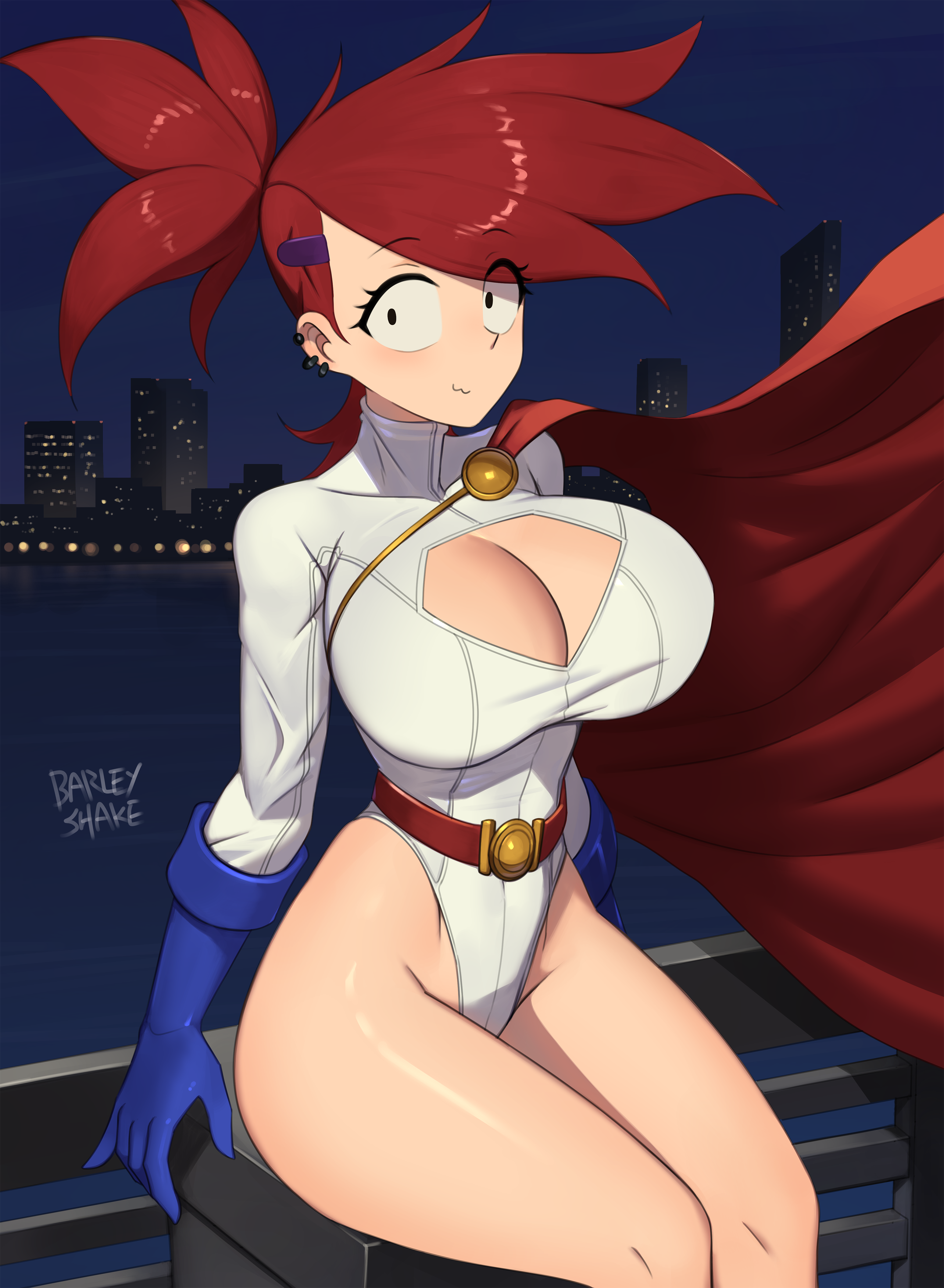 :3, 1girls, alternate breast size, barleyshake, belt, big breasts, black eyes, boob window, breasts, cape, cartoon network, city, cleavage, cleavage cutout, clothing cutout, collarbone, cosplay, curvy, dc, dc comics, ear piercing, female, female only, foster's home for imaginary friends, frankie foster, gloves, highres, huge breasts, large breasts, light blush, night, piercing, ponytail, power girl, power girl (cosplay), red hair, sitting, smile, source request, spiked hair, superman (series), thighs