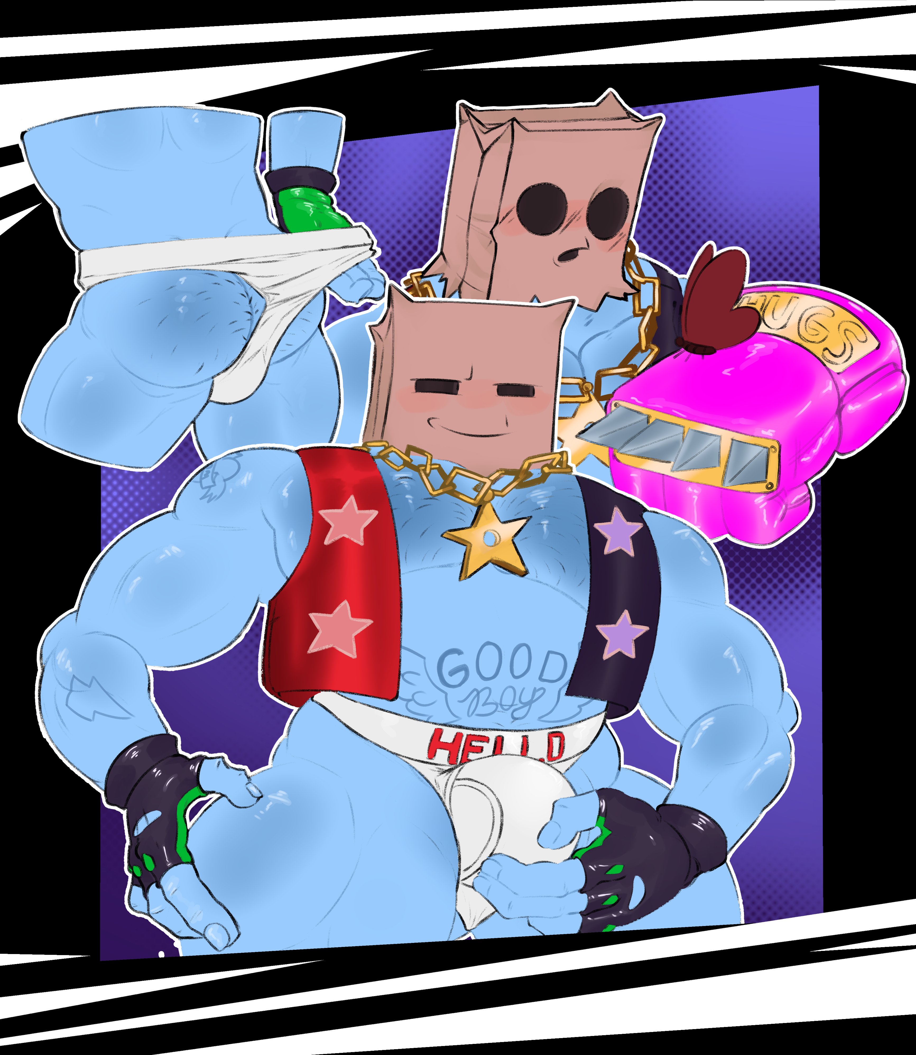 1boy, ass, bag, bag over head, bara, big bulge, big penis, blue body, blush, bulge, butterfly, collar, erection, erection under clothes, fingerless gloves, gay, gloves, godstv, hairy ass, half-closed eyes, handwear, hi res, humanoid, insects, kinni (godstv), looking at viewer, male, male focus, male only, melbotstudio, metrix, multicolored clothing, multicolored jacket, muscular, muscular male, partially clothing, penis, pulling clothing, pulling underwear, simple background, smile, solo, solo male, spiked gloves, star, star (symbol), star collar, tattoo, tattoo on belly, text, thick thighs, uncensored, underwear, underwear pull, video games, white underwear, writing on body, yaoi
