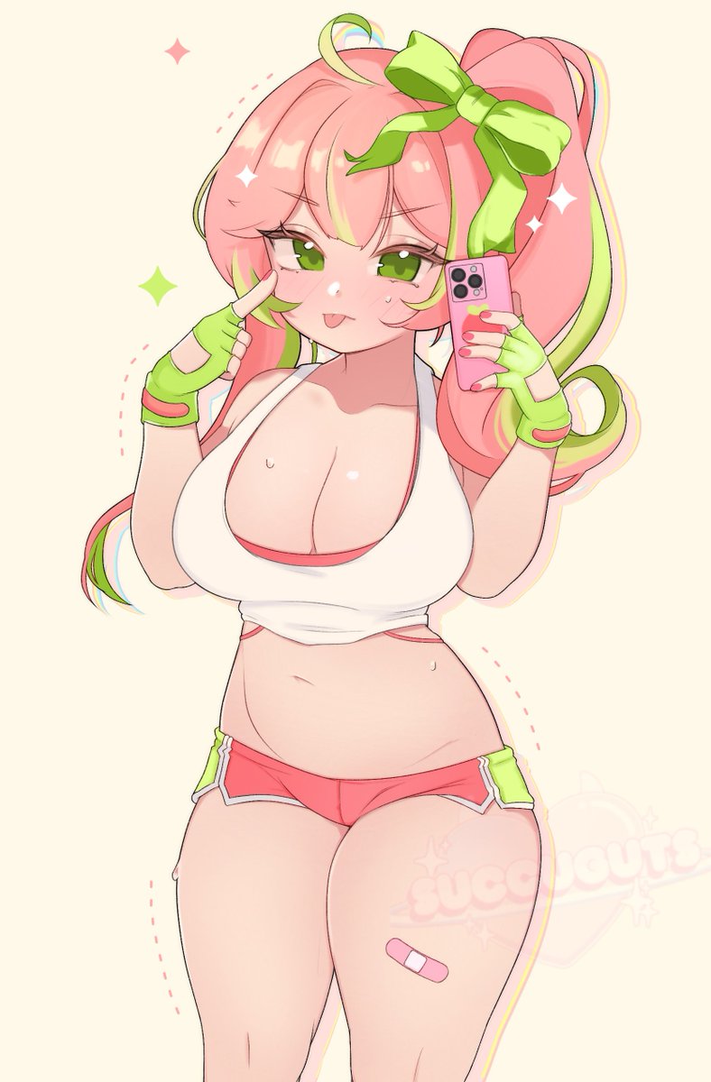 1girls, 2d, ahoge, ass, bandaid, bare arms, bare ass, bare chest, bare hips, bare legs, bare midriff, bare navel, bare shoulders, bare skin, bare thighs, big ass, big breasts, blush, breasts, cameltoe, collarbone, female, green bow, green eyes, green gloves, green highlights, indie virtual youtuber, navel, phone, pink hair, ponytail, pussy, sportswear, succuguts, sweat, tagme, toma (vtuber), twitch, virtual youtuber, vtuber