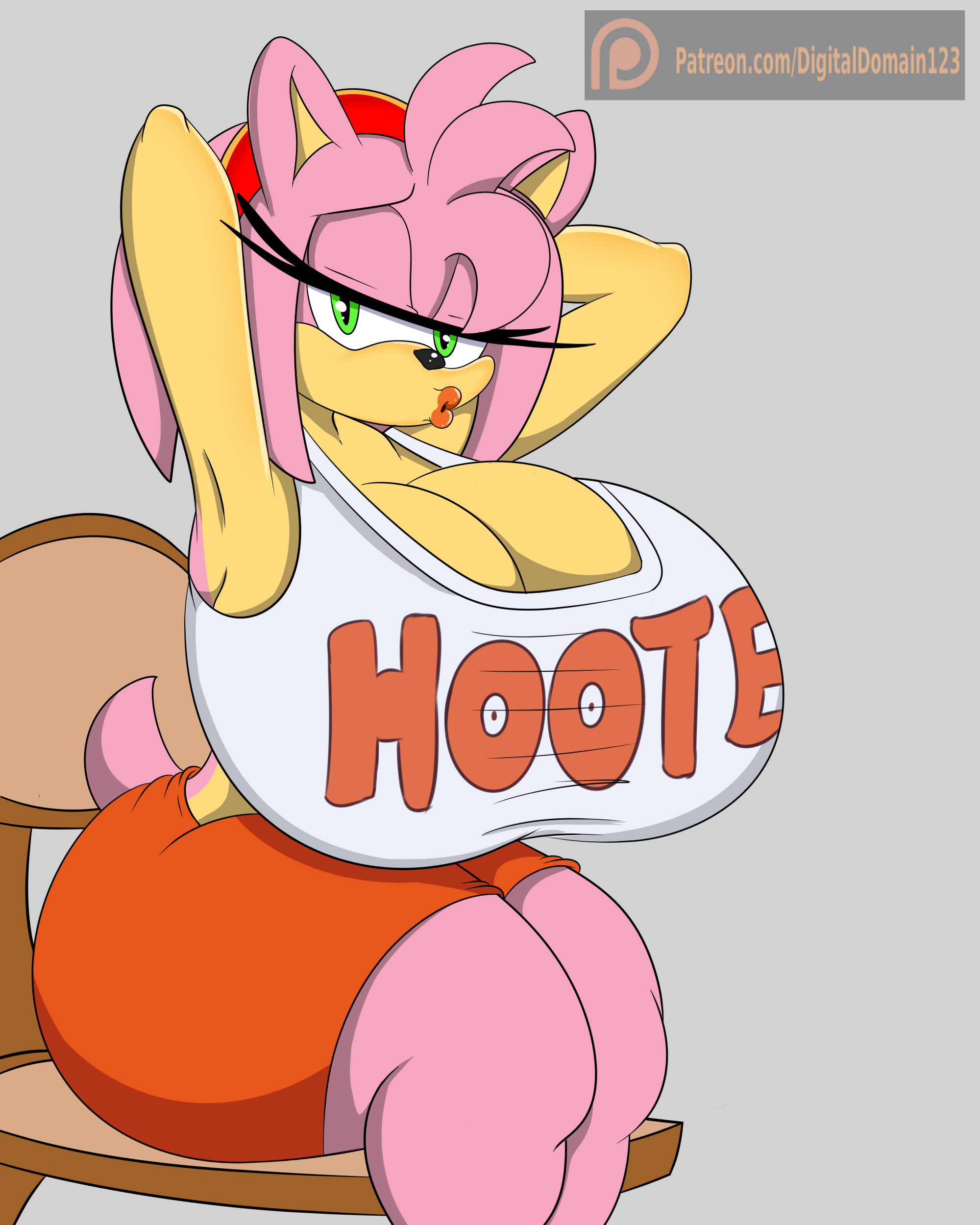 1girls, amy rose, animal ears, anthro, ass, bimbo, breasts, busty, cleavage, clothed female, clothing, curvy figure, digitaldomain123, female, green eyes, hooters, huge ass, huge breasts, huge butt, hyper, kissy face, lips, lipstick, makeup, orange lipstick, pink fur, pink hair, red hairband, sega, solo, sonic (series), text on clothing, thick thighs, thunder thighs, voluptuous, wide hips
