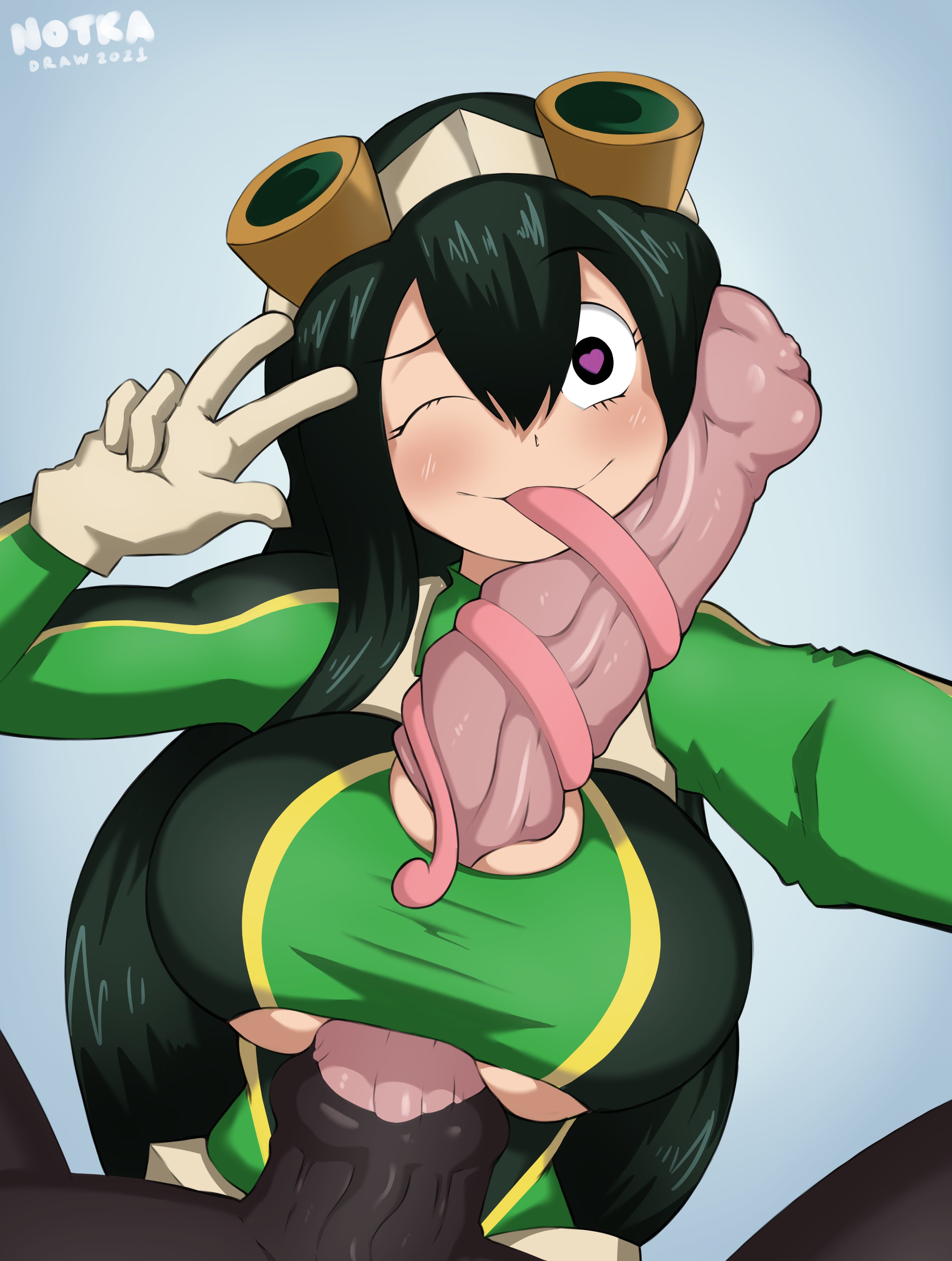 1boy, 1girls, absurdres, bestiality, big penis, breasts, cleavage, fellatio, female, gloves, green hair, heart-shaped pupils, hero outfit (mha), highres, horse penis, horsecock, huge breasts, huge cock, long tongue, looking at viewer, male, my hero academia, notkadraw, paizufella, paizuri, paizuri under clothes, penis, selfie, straight, tongue, tongue out, tonguejob, tonguejob paizuri, tsuyu asui, zoophilia