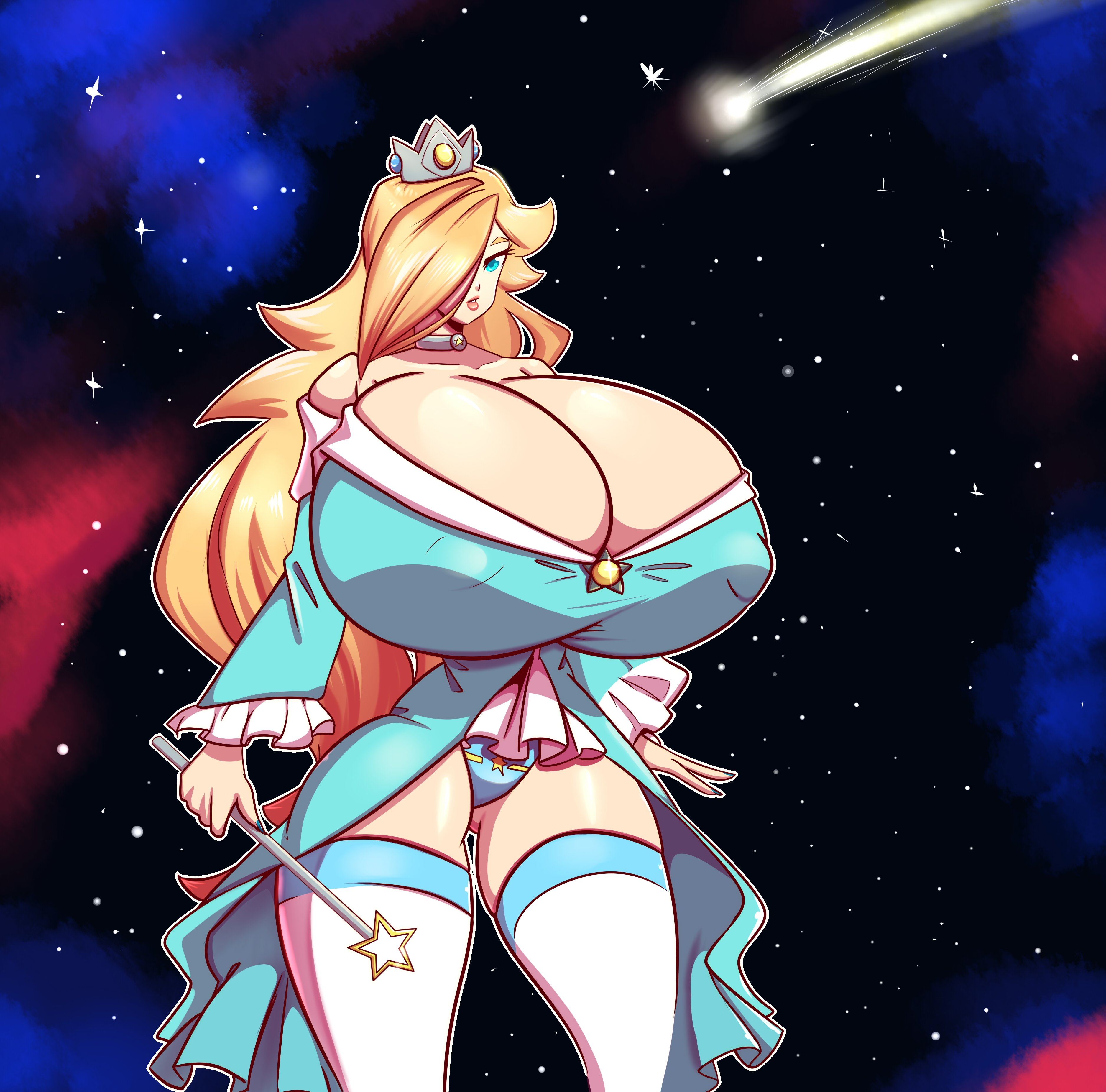 1girls, alternate breast size, blonde hair, breasts, breasts bigger than head, cleavage, color, crown, female, female only, huge breasts, long hair, looking at viewer, mario (series), n647, nintendo, nipple bulge, panties, princess rosalina, schnauzercito, solo, super mario galaxy, thick thighs, thin waist, top heavy, voluptuous, wand, wasp waist, wide hips