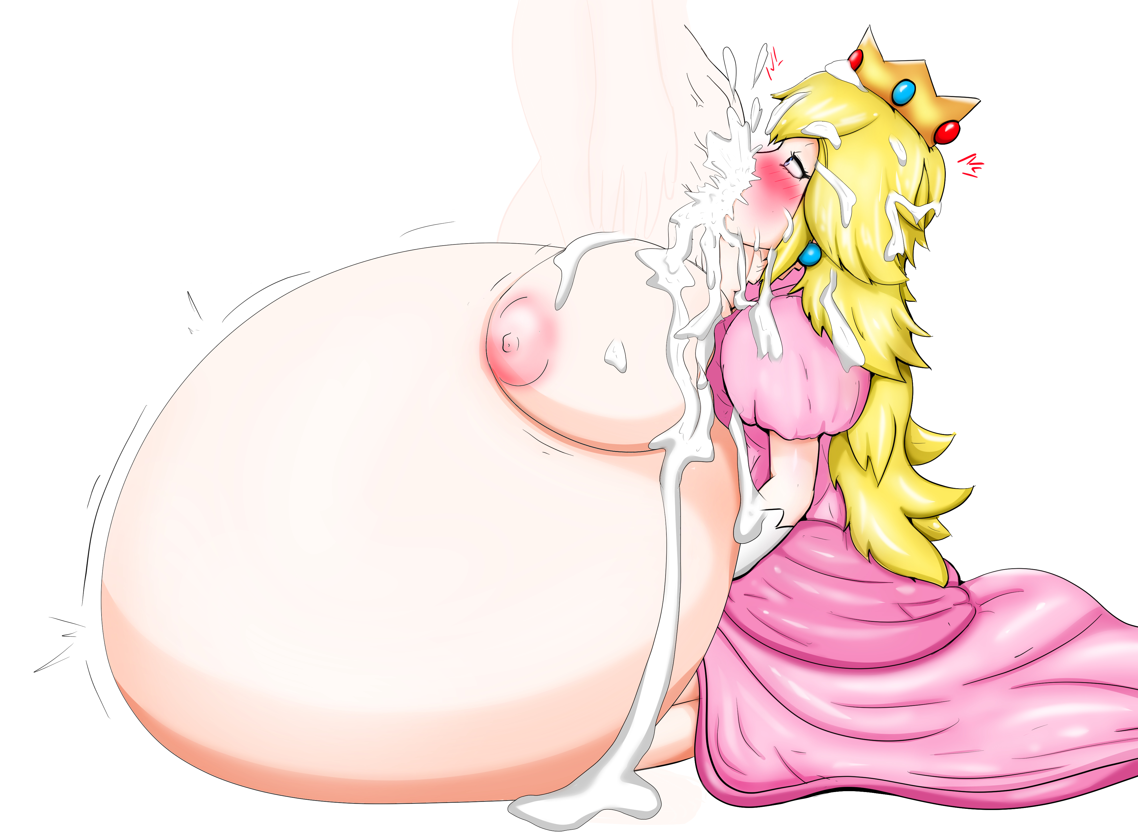 1girls, blonde hair, blowjob, breasts, clothing, cumflated belly, cumflation, dress, escapefromexpansion, excessive cum, fellatio, female, female only, huge breasts, hyper, hyper cumflation, inflation, long hair, mario (series), nintendo, nipples, pink dress, princess, princess peach, simple background, solo, white background