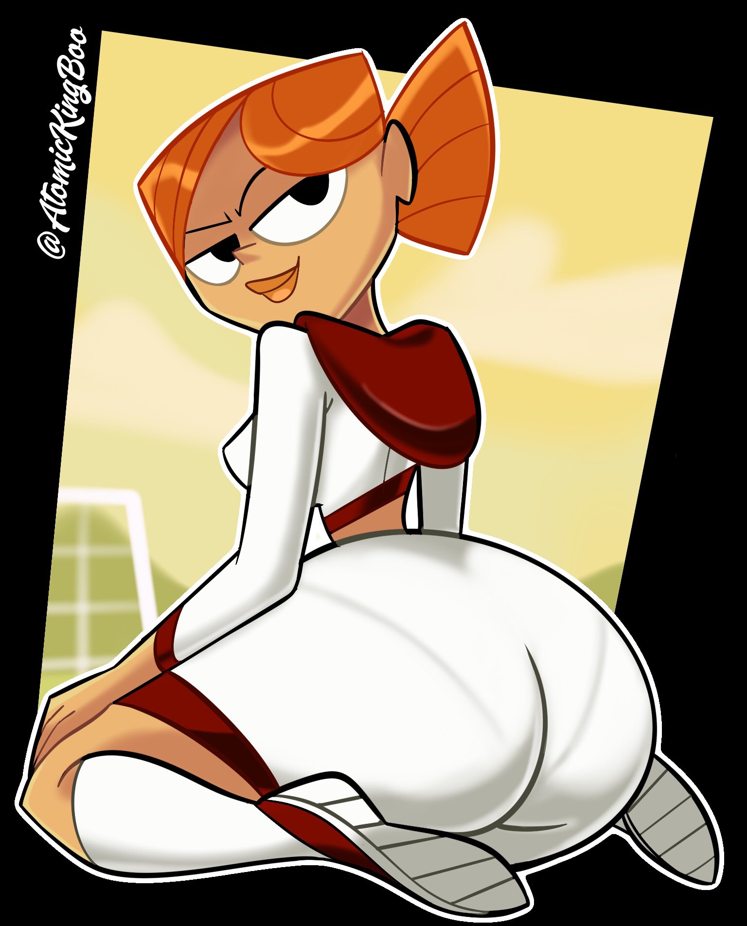 1girls, 2021, ass, atomickingboo, big ass, big breasts, breasts, cartoon network, clothes, female, hips, huge ass, legs, looking at viewer, looking back, orange hair, pe teacher (robotboy), red hair, robotboy, short shorts, shorts, solo, teacher, thick, thick thighs, tight clothes, upper body, voluptuous, wide hips