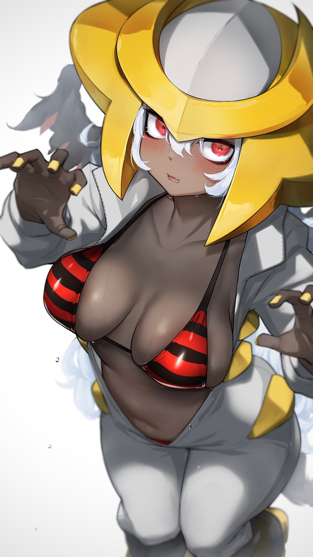 1girls, bangs, belly, big breasts, bikini, bikini top, blush, breasts, breasts apart, chubby, chubby female, claw pose, cleavage, creatures (company), dark skin, dark-skinned female, female, game freak, giratina, hair between eyes, helmet, highres, hizake, humanized, jumpsuit, kashu (hizake), large breasts, legendary pokemon, looking at viewer, medium breasts, nail polish, navel, nintendo, open mouth, personification, plump, pokémon (species), pokemon, pokemon (game), pokemon (species), pokemon dppt, red eyes, shoes, sideboob, sidelocks, simple background, solo, striped, striped bikini, striped swimsuit, sweat, sweatdrop, swimsuit, voluptuous, white background, white hair, yellow nails
