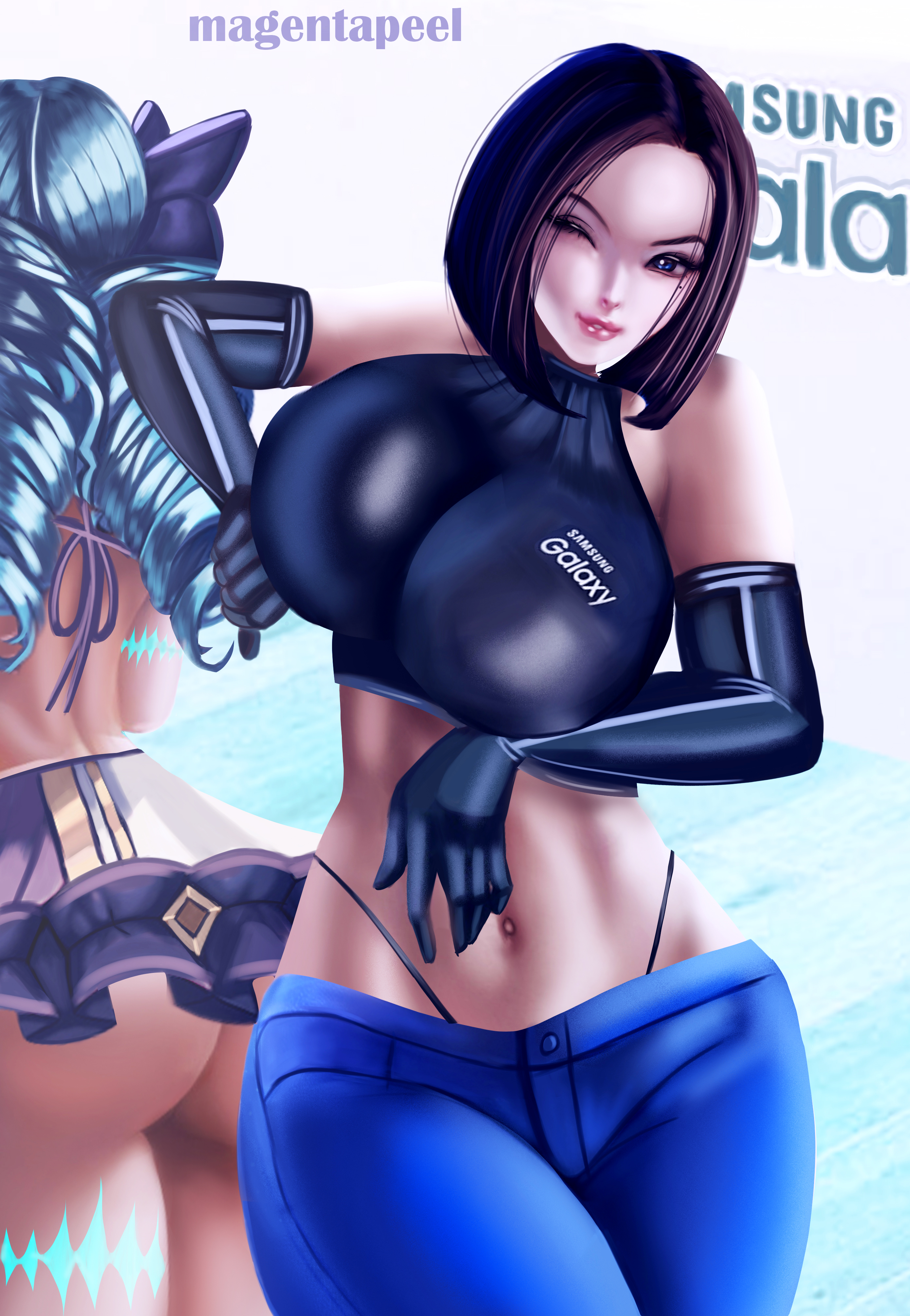 2girls, ass, big breasts, blue hair, breasts, crossover, female, female only, gwen (league of legends), huge breasts, league of legends, lesbian focus, magentapeel, riot games, samsung, samsung sam, thong, whale tail, yuri
