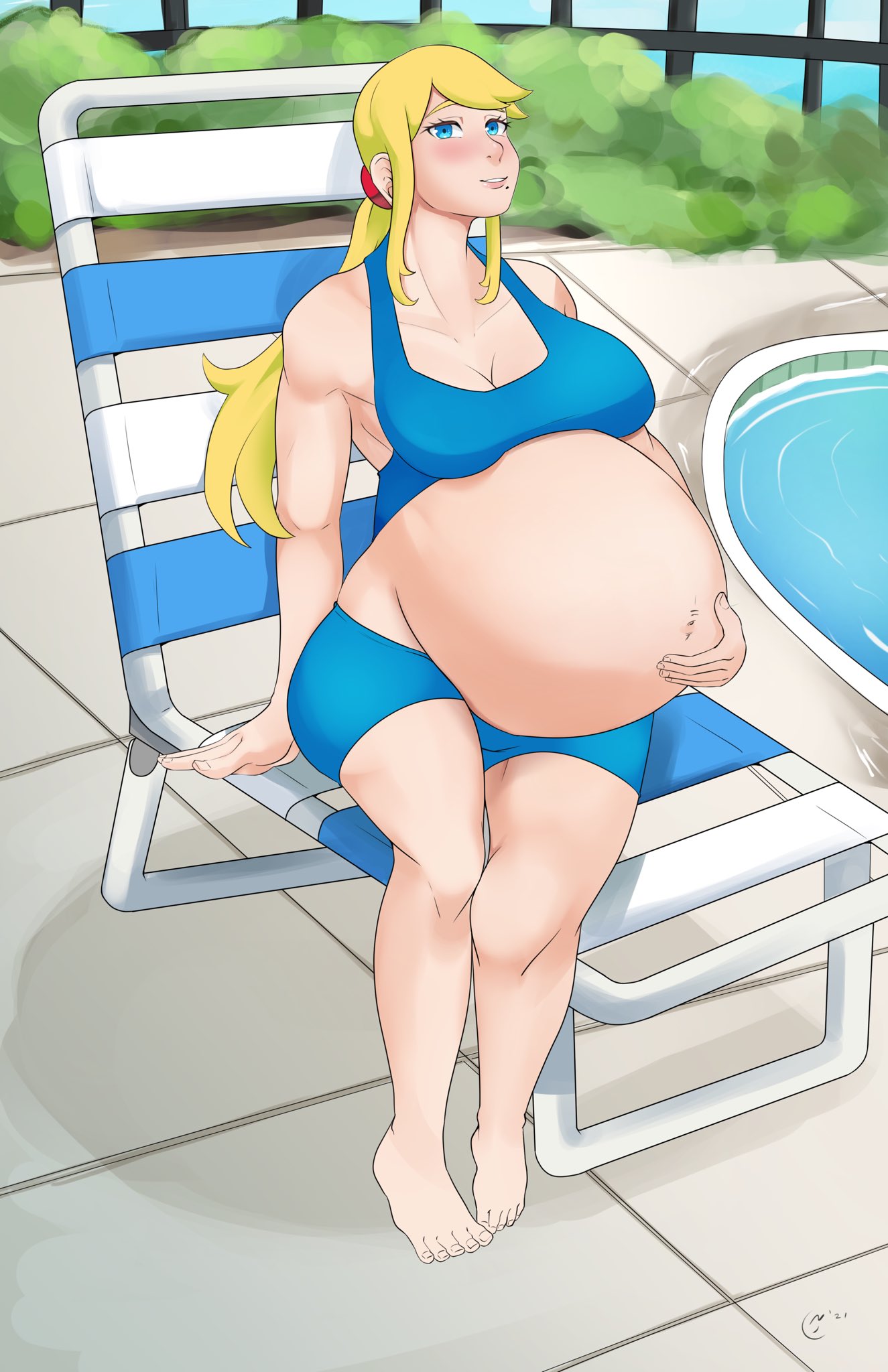 1girls big_breasts breasts claraspregs cleavage female female_only huge_belly large_breasts metroid pregnant ready_to_pop samus_aran solo