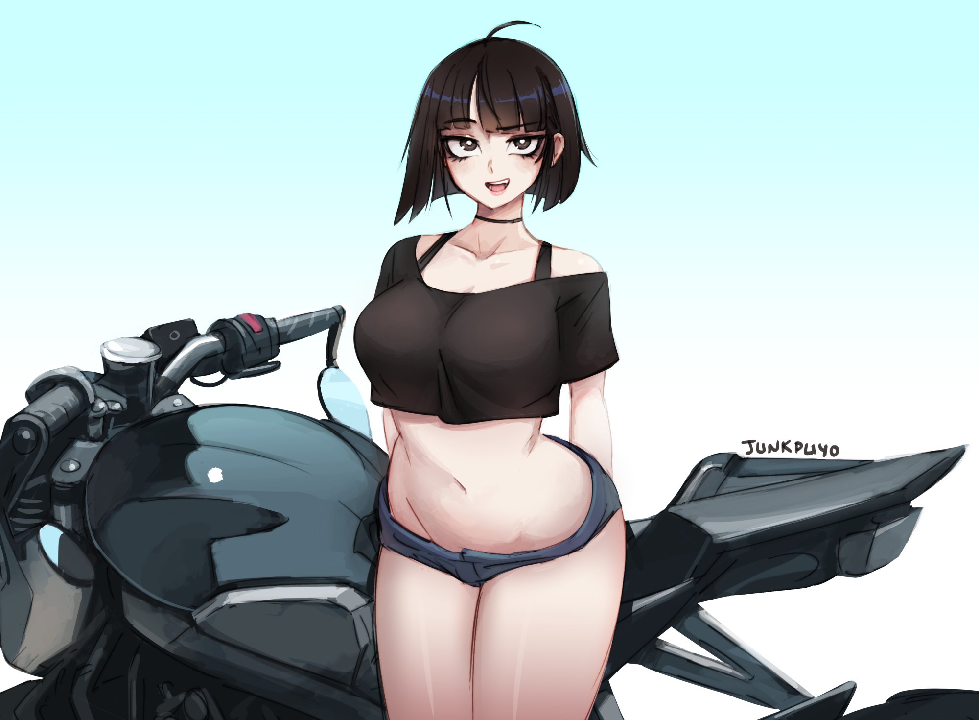 1girls, big breasts, breasts, cleavage, female, female only, junkpuyo, large breasts, motorcycle, solo, thick thighs, wide hips
