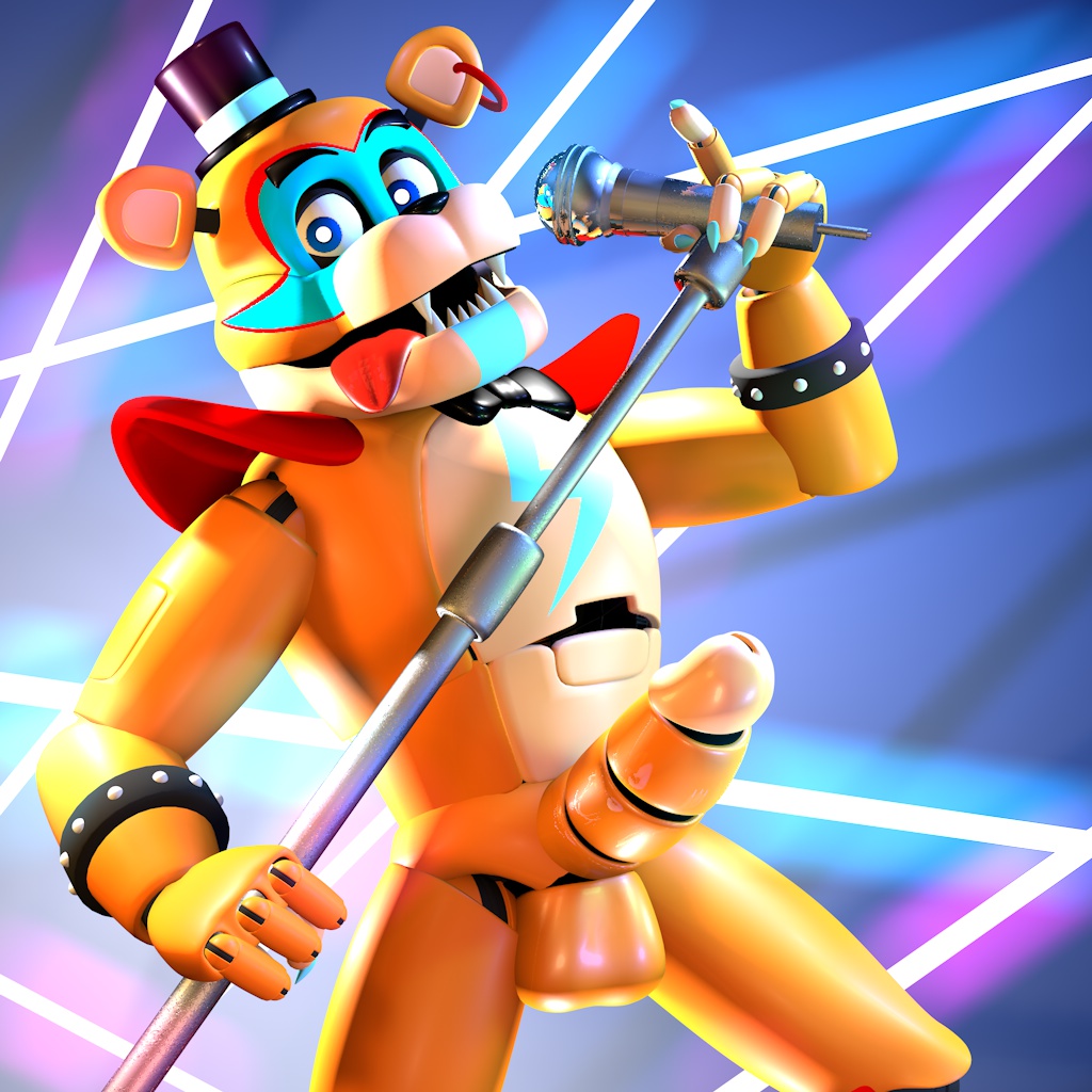 abstract_background animatronic anthro balls blue_eyes bodypaint bow_tie bowtie ear_piercing earrings facepaint five_nights_at_freddy's five_nights_at_freddy's:_security_breach glamrock_freddy_(fnaf) headgear headwear hi_res holding_microphone looking_at_viewer machine male male_only nsfwfrasty21 orange_body penis robot sharp_teeth smile smiling smiling_at_viewer spiked_bracelet spikes tongue tongue_out top_hat