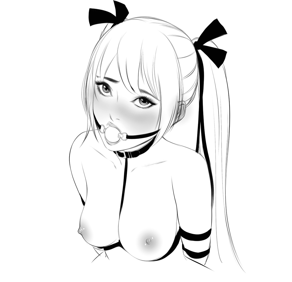 ball gag, bondage, bound, cherry-gig, choker, dead or alive, dead or alive 5, female, female only, femsub, gag, gagged, hair ornament, leather straps, long hair, marie rose, monochrome, sketch, solo, submissive, submissive female, twintails
