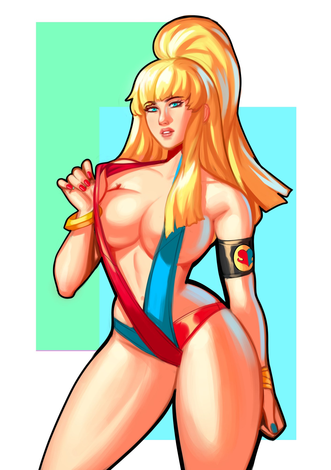 1girls adjusting_clothes adjusting_swimsuit armband asymmetrical_hair bangs blonde_hair blue_eyes blue_nails blunt_bangs bracelet breasts cleavage kolin large_breasts lips multicolored multicolored_clothes multicolored_swimsuit navel parted_lips red_nails shinrhydwyn side_ponytail solo street_fighter street_fighter_v swimsuit thick_thighs thighs wide_hips