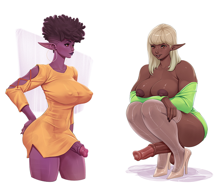 2futas, animal genitalia, areolae, balls, big balls, big breasts, big penis, blonde hair, breasts, brown hair, bulge, clothed, clothing, cock-tail, dark skin, dark-skinned futa, dress, duo, elf, elves, erection under clothes, futa only, futanari, horsecock, humanoid, humanoid penis, intersex, kind-face, mostly clothed, nipple bulge, no bra, partially clothed, penis, rino99, source request, squatting, standing, thick thighs, wide hips