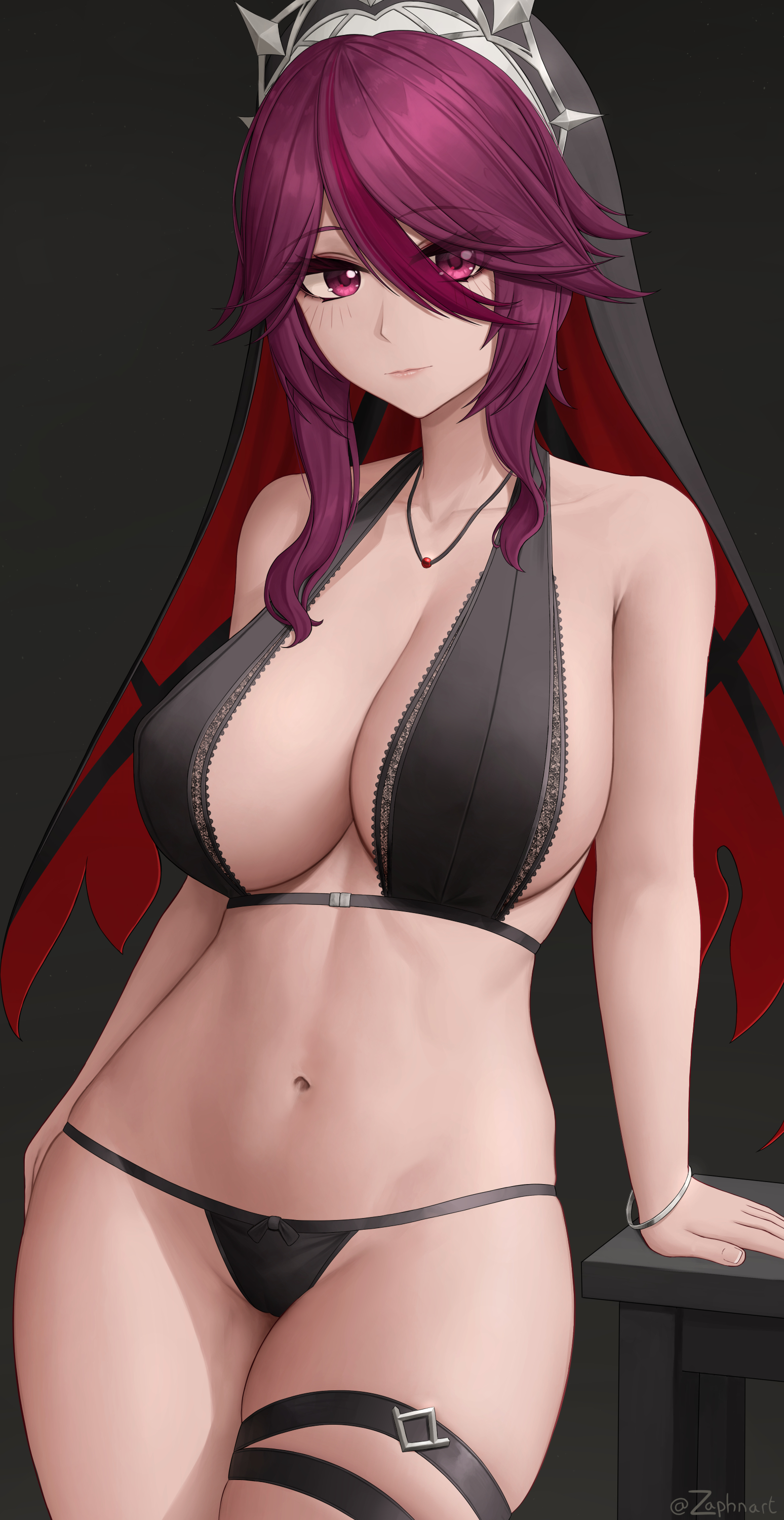 1girls, big breasts, black lingerie, bra, breasts, cleavage, deep cleavage, female, female only, g-string, genshin impact, large breasts, lingerie, looking at viewer, midriff, nun, purple eyes, purple hair, rosaria (genshin impact), short hair, solo, solo female, thick, thick thighs, voluptuous, zaphn