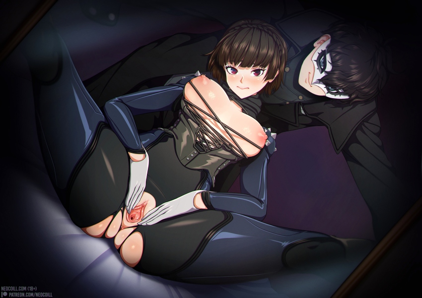 1boy akira_kurusu ass bangs black_clothes black_hair black_jacket black_jumpsuit black_sleeves blush braid breasts brown_eyes brown_hair corset ear female gloves grey_eyes grey_gloves indoors jacket joker_(persona) jumpsuit large_breasts leaning_on_person looking_ahead lying makoto_niijima mask mirror neocoill nipples on_back patreon_logo patreon_username persona persona_5 pussy ren_amamiya shiny shiny_skin short_hair shoulder_spikes smile spikes spread_legs spread_pussy string tight torn_clothes uncensored watermark web_address