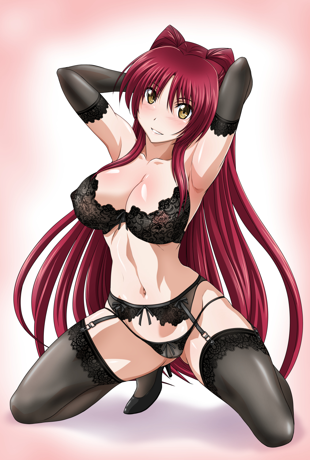 armpits arms_up black_legwear blush bra breasts cleavage commentary commentary_request elbow_gloves garter_belt garter_straps gloves high_heels highres kousaka_tamaki lace lace_bra large_breasts lingerie looking_at_viewer mutou_keiji panties red_hair smile stockings thighhighs to_heart_(series) to_heart_2 uncensored underwear