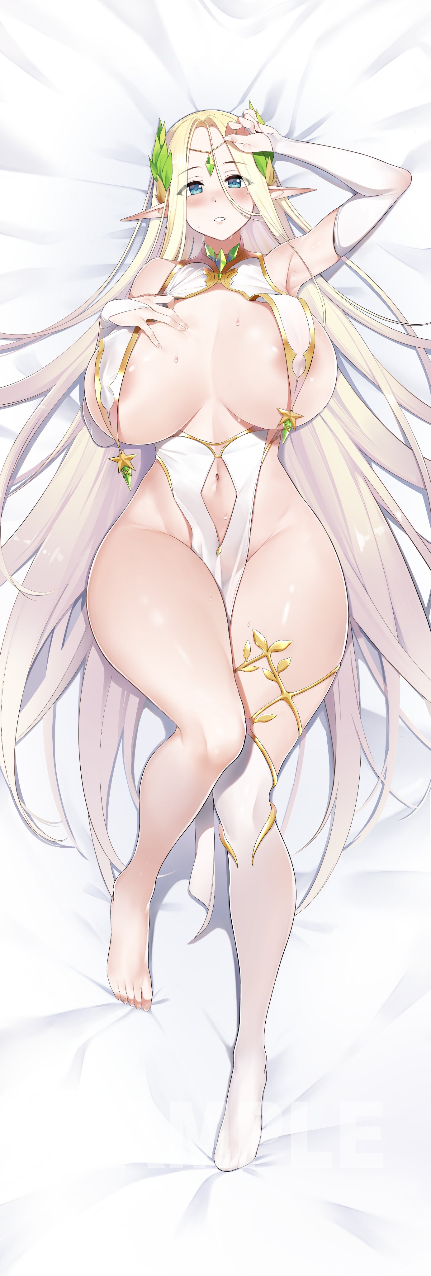 1girls, absurd res, blonde hair, blue eyes, blush, breast curtains, breasts, cerestia of life, dickbomber, elf, feet, female, female only, full body, hand on breast, hi res, large breasts, last origin, looking at viewer, lying, mature female, midriff, shiny skin, solo, thick thighs, thighs, wide hips