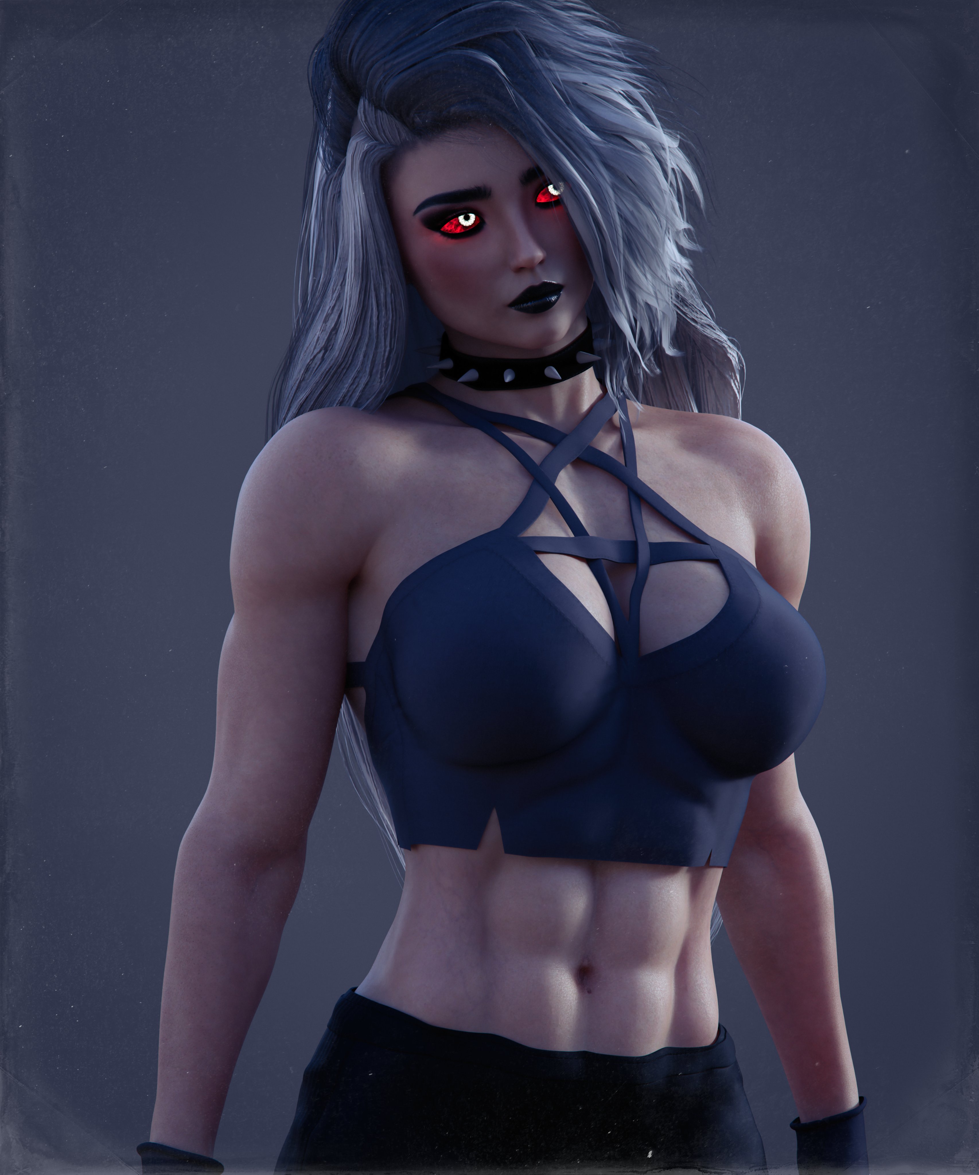 3d, abs, breasts, collar, dashie116, female, female only, goth, helluva boss, human loona, humanized, long hair, loona (helluva boss), medium breasts, spiked collar