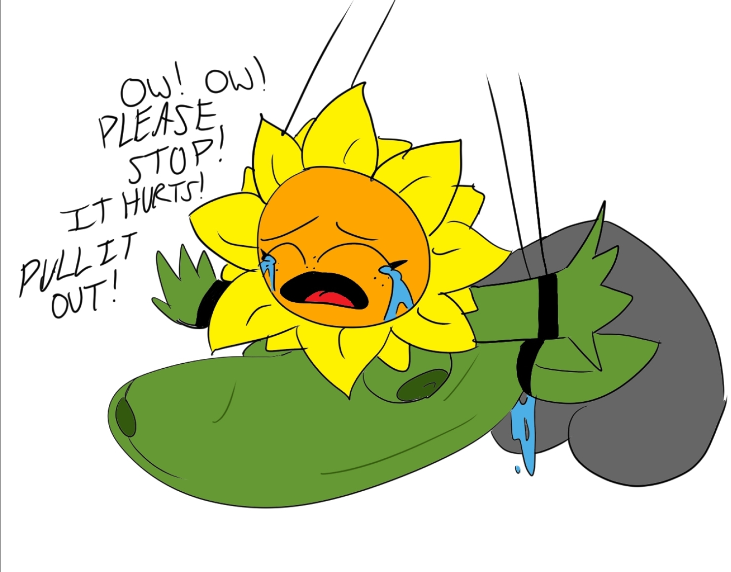 1boy, 1girls, 4 fingers, areola, areolae, begging, belly bulge, big breasts, big bulge, big penis, breasts, bulge, crying, deep penetration, english text, eyebrows, eyelashes, eyes closed, female, flora fauna, flower, flower humanoid, flower petals, freckles, green body, green skin, helpless, huge bulge, huge penis, humanoid, hyper, hyper penetration, hyper penis, hyper stomach bulge, impossible fit, large breasts, large bulge, large penis, male, nipples, open mouth, pain, penetration, penis, petals, plant, plant humanoid, plantie, plants vs zombies, rape, screaming, sex, simple background, solo, solo female, son of a bitch (artist), stomach bulge, sunflower, sunflower (pvz), talking, tears, text, tied up, tongue, white background