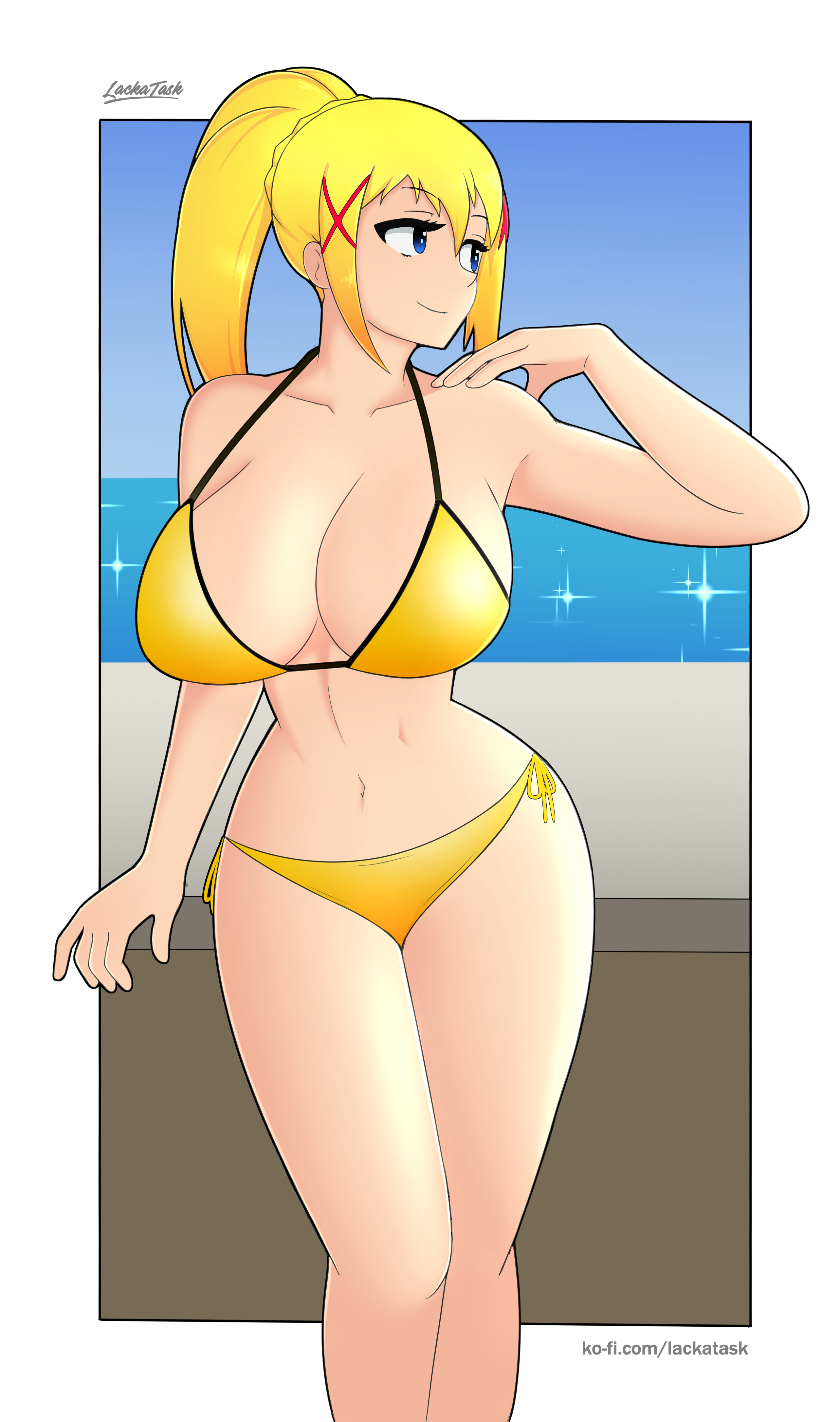 1girls, big breasts, bikini, breasts, darkness (konosuba), female, female only, kono subarashii sekai ni shukufuku wo!, lackatask, solo, solo female, tagme