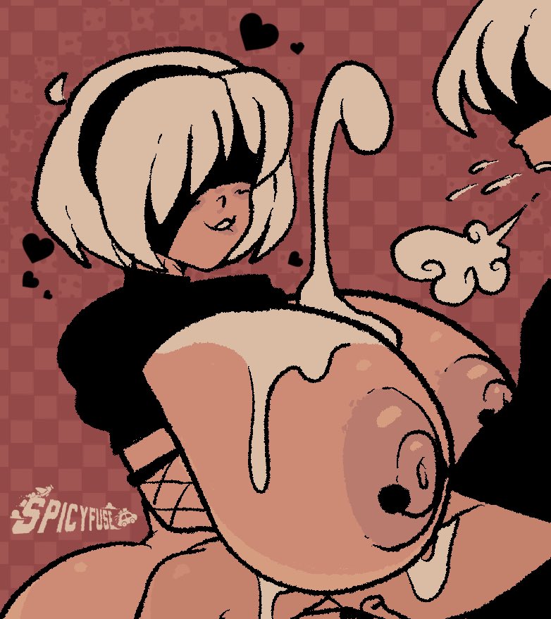 1boy, 1girls, alternate breast size, big breasts, biting lip, breasts, cum, cum on breasts, ejaculation, ejaculation between breasts, female, hearts, huge breasts, large breasts, male, male/female, nier (series), nier: automata, nipple piercing, nipples, paizuri, piercing, spicyfuse, straight, tagme, white hair, yorha 2b, yorha 9s