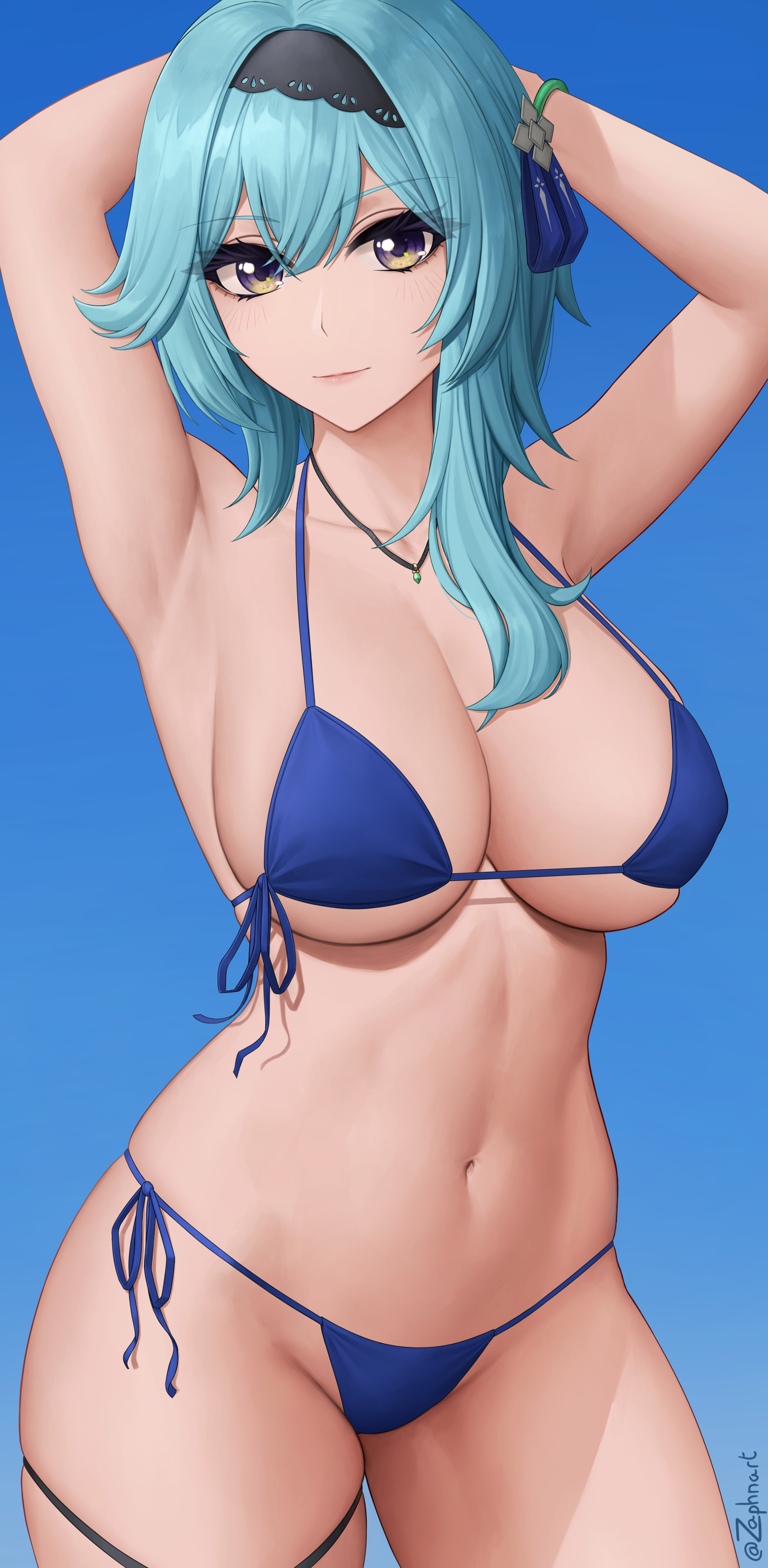 1girls, big breasts, bikini, blue background, blue bikini, blue eyes, blue hair, breasts, cleavage, curvy, curvy figure, eula (genshin impact), female, female only, genshin impact, hands behind head, large breasts, light skin, light-skinned female, looking at viewer, midriff, pale skin, pale-skinned female, seductive eyes, short hair, side-tie bikini, sole female, solo, solo female, swimsuit, thick, thick thighs, thong, thong bikini, underboob, video game character, voluptuous, voluptuous female, zaphn